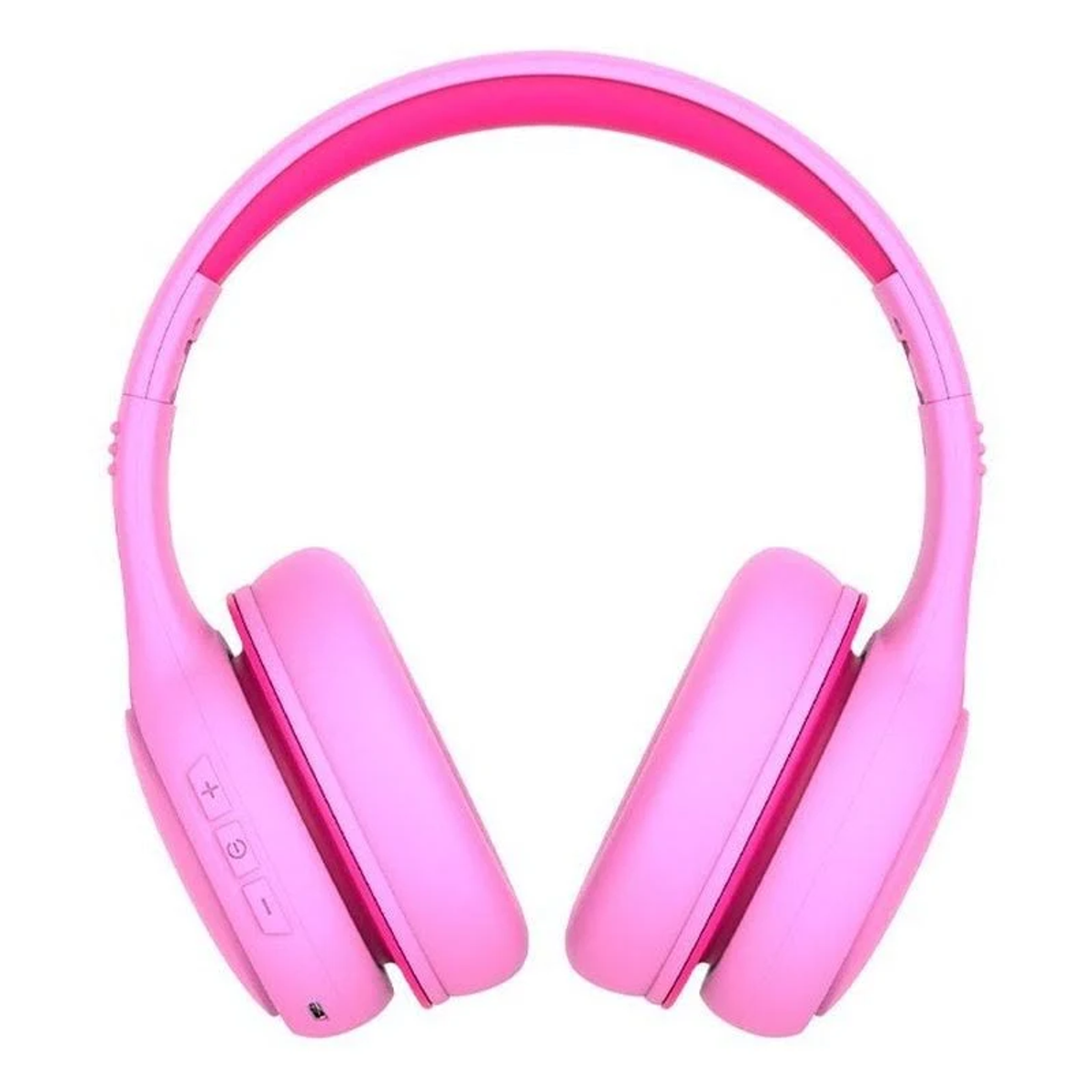 Auriculares rosas con una banda interior rosa oscuro, botones visibles y un puerto de carga. El fondo es blanco.