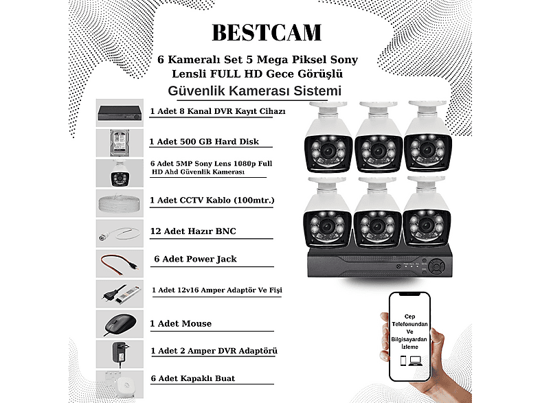 BESTCAM AHD Eco 5.0 Mega Piksel Sony Lensli 6 Kameralı Full Paket HDD Dahil Güvenlik Seti Sistemi Beyaz