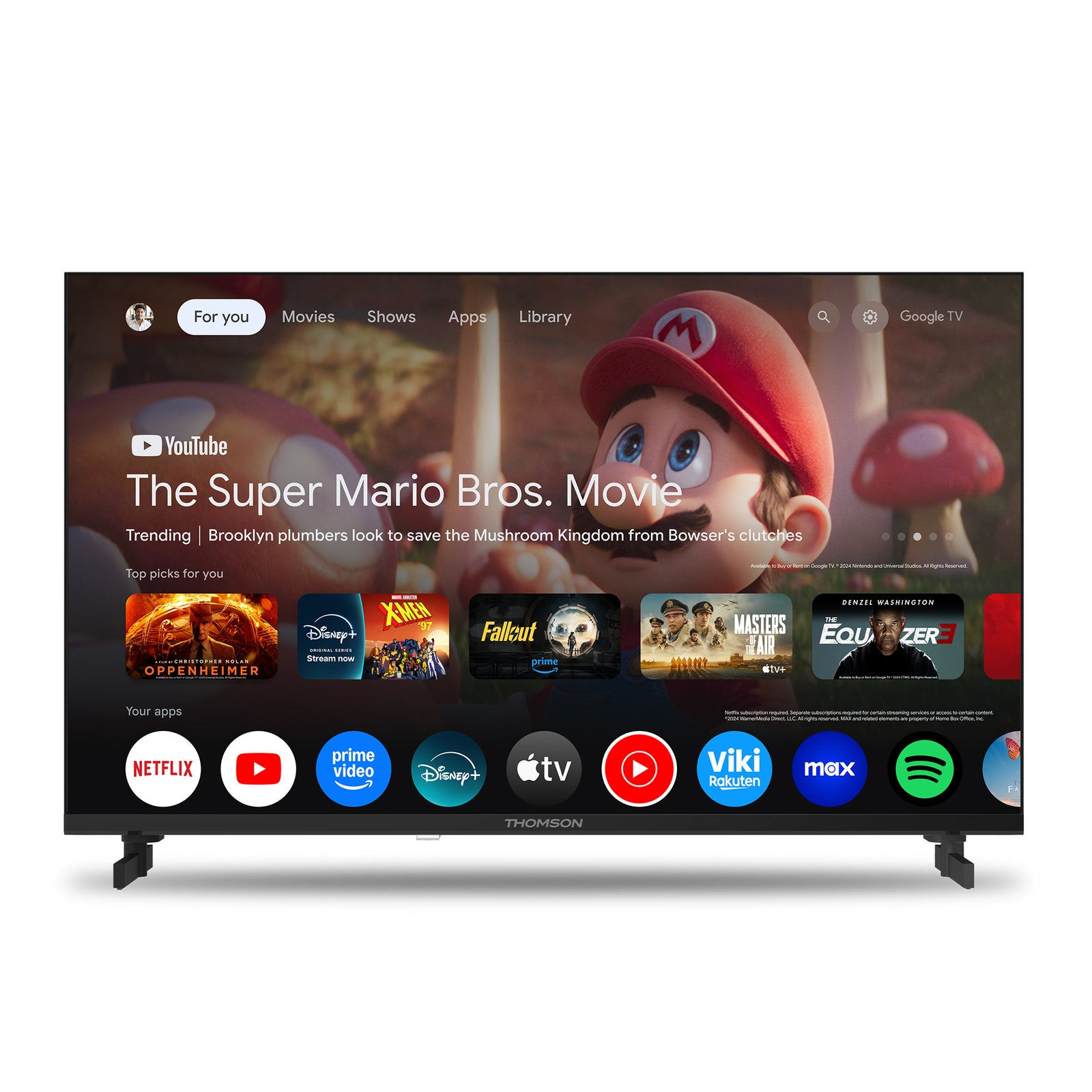 Una TV mostra il film Super Mario Bros., con icone di app sottostanti. Mario è presente. La TV è su sfondo bianco.