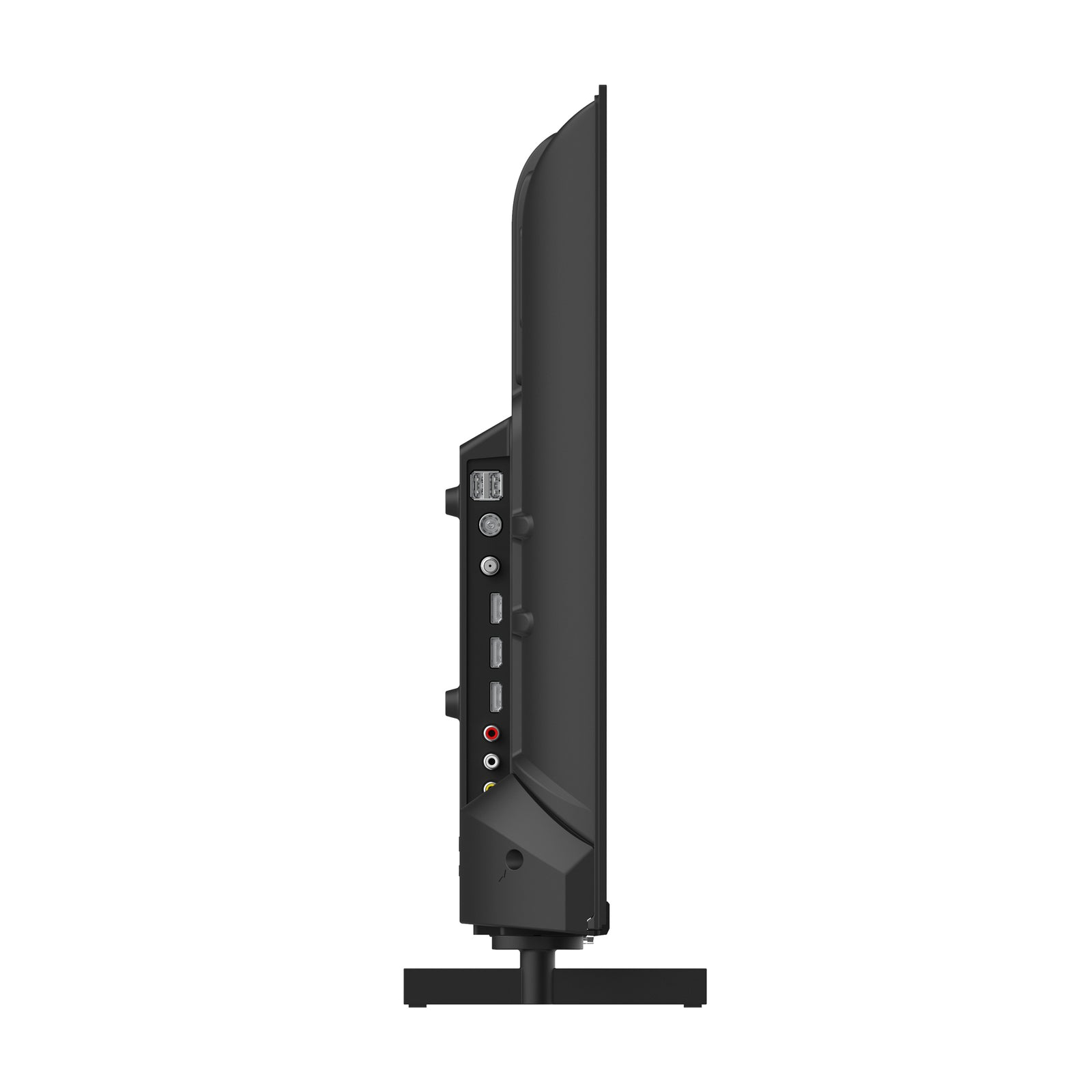 Vista laterale di un televisore a schermo piatto nero. Porte e connessioni visibili. Schermo spento, su un supporto.