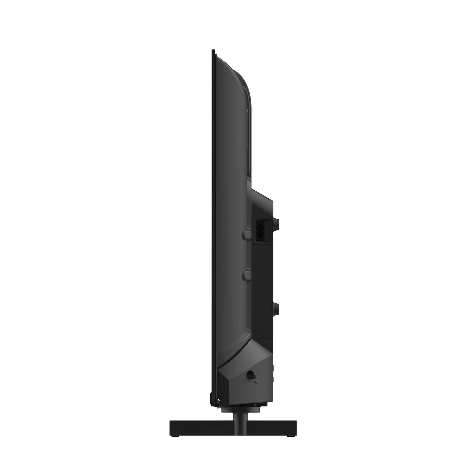 Vista laterale di una TV a schermo piatto nera su sfondo bianco. La TV è su un supporto nero.