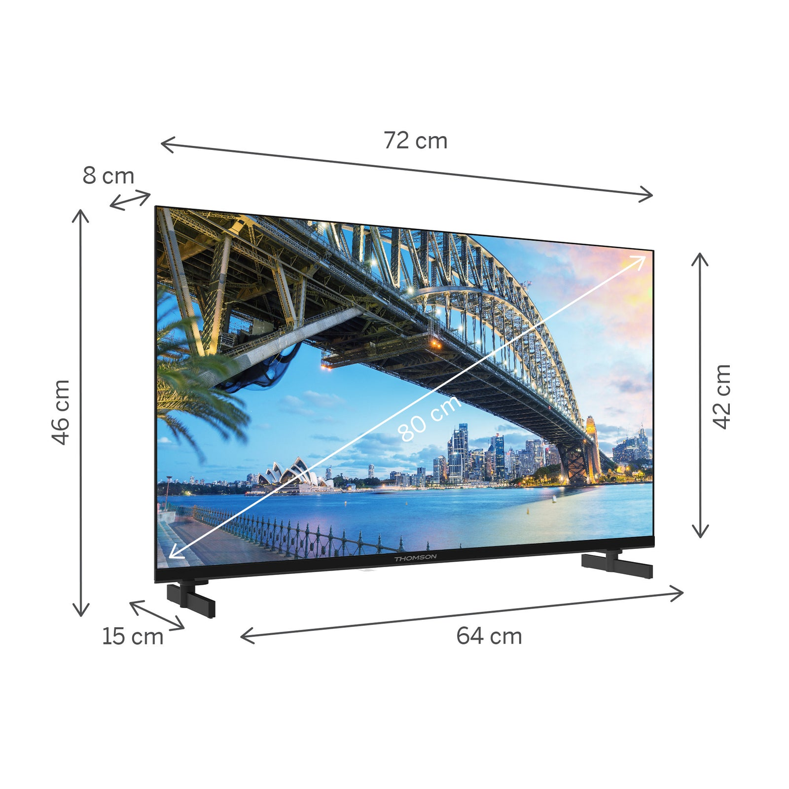 Una TV Thomson mostra il ponte e lo skyline di Sydney. Dimensioni: 72x46x8 cm. Dimensioni schermo 80 cm. La TV è su sfondo bianco.