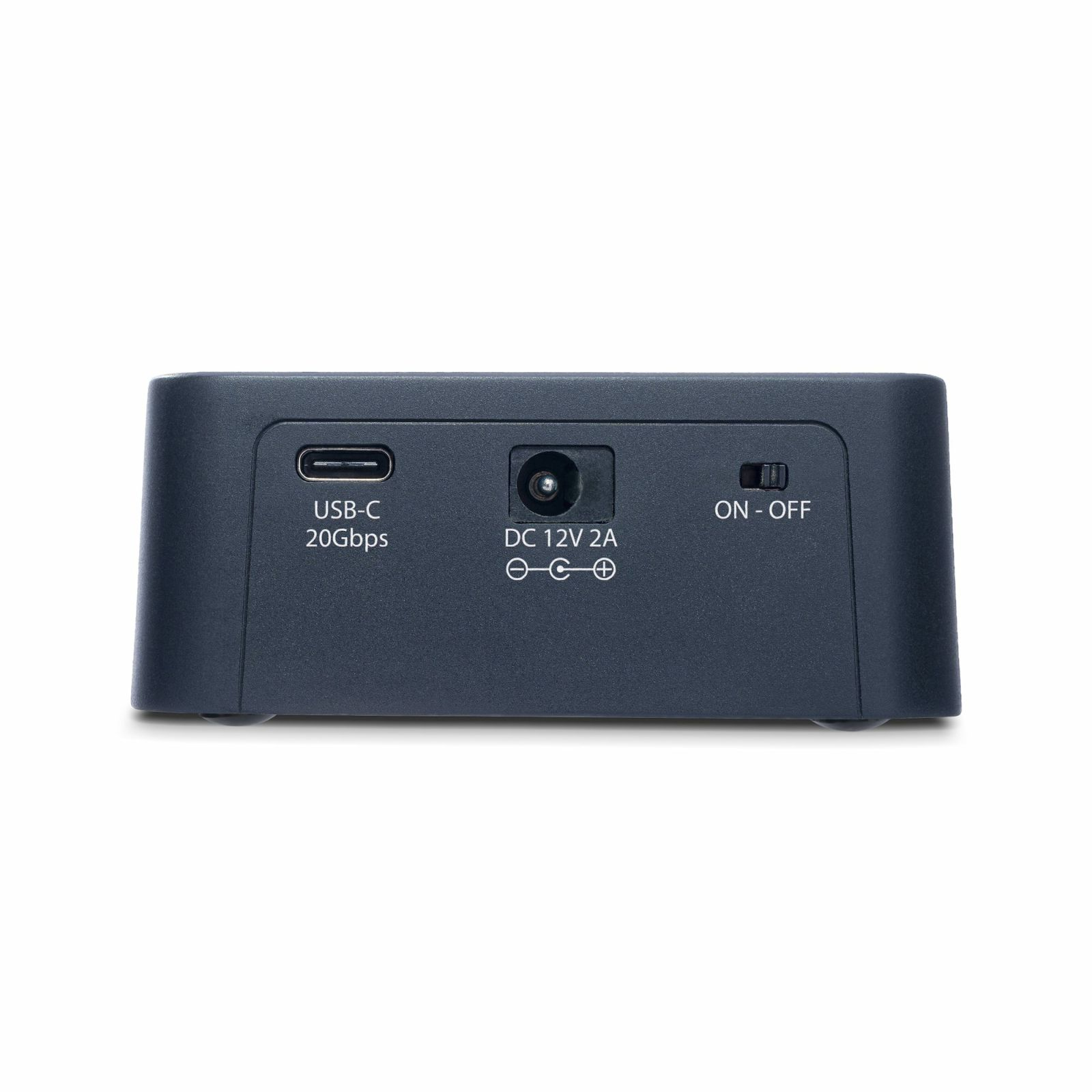 Un dispositivo azul oscuro con USB-C, entrada de alimentación e interruptor de encendido/apagado en el frente. Está sobre una superficie blanca.