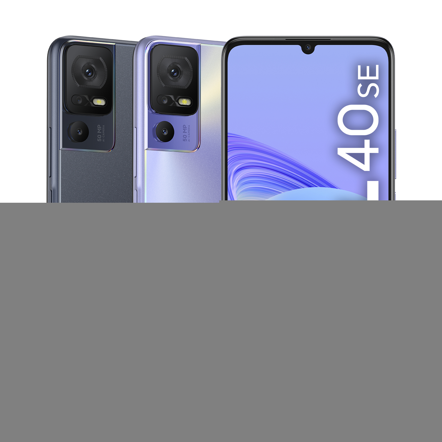 Tre smartphone. Uno schermo nero con la scritta 40SE. Due telefoni sul lato sinistro, grigio scuro e viola.