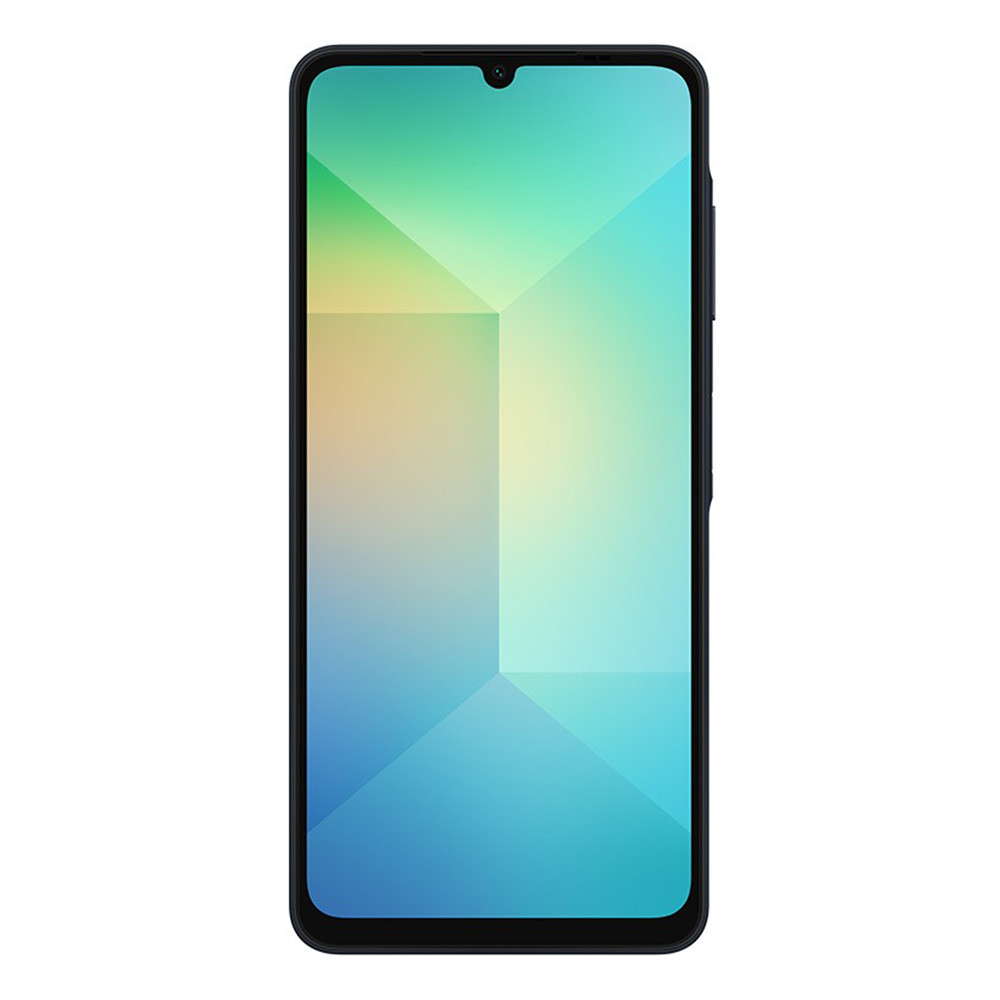Uno smartphone con schermo colorato che mostra forme geometriche blu, verdi e gialle, in una cornice nera.