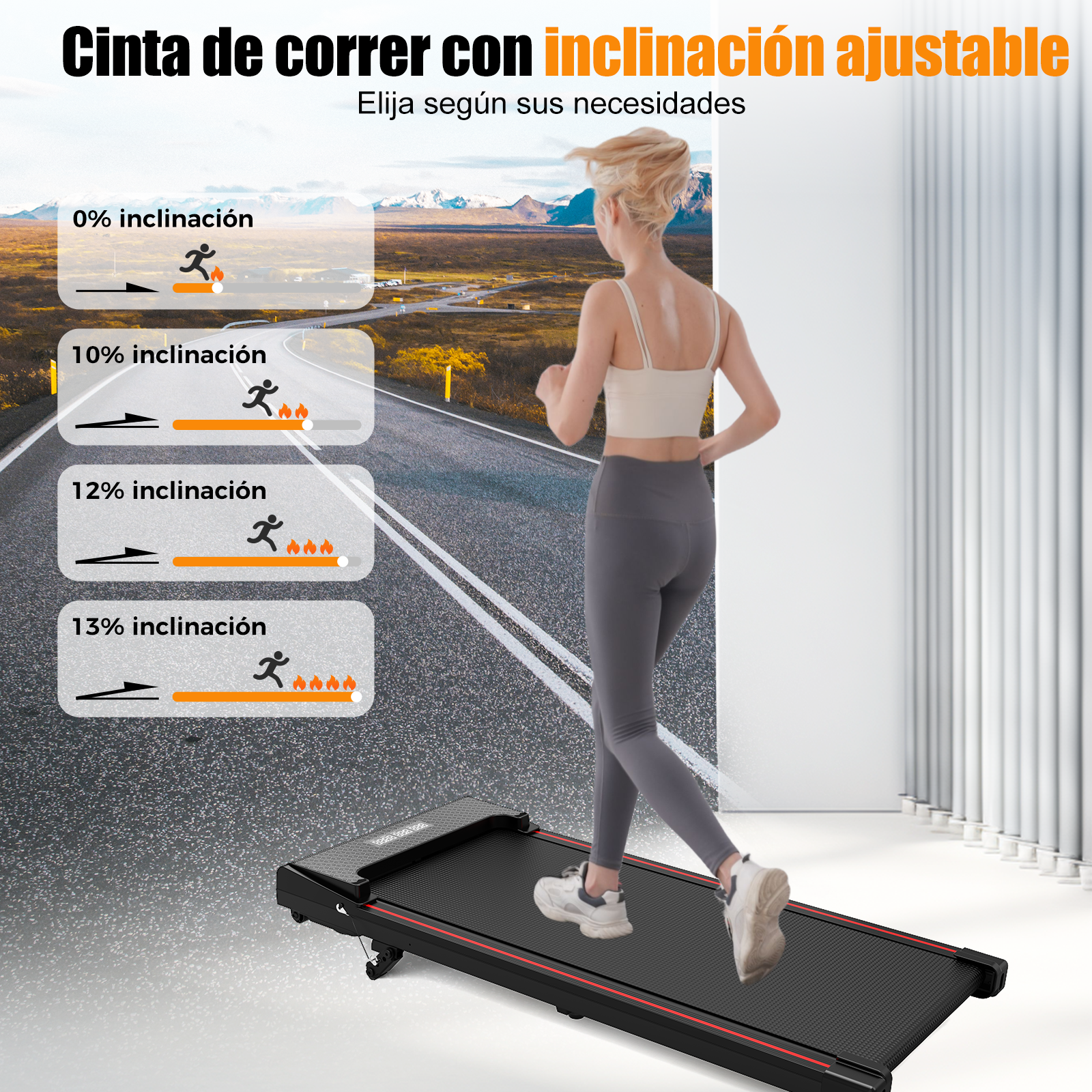 Una mujer corre en una cinta de correr. La imagen muestra los niveles de inclinación ajustables de la cinta. Texto: 'Cinta de correr ajustable'.