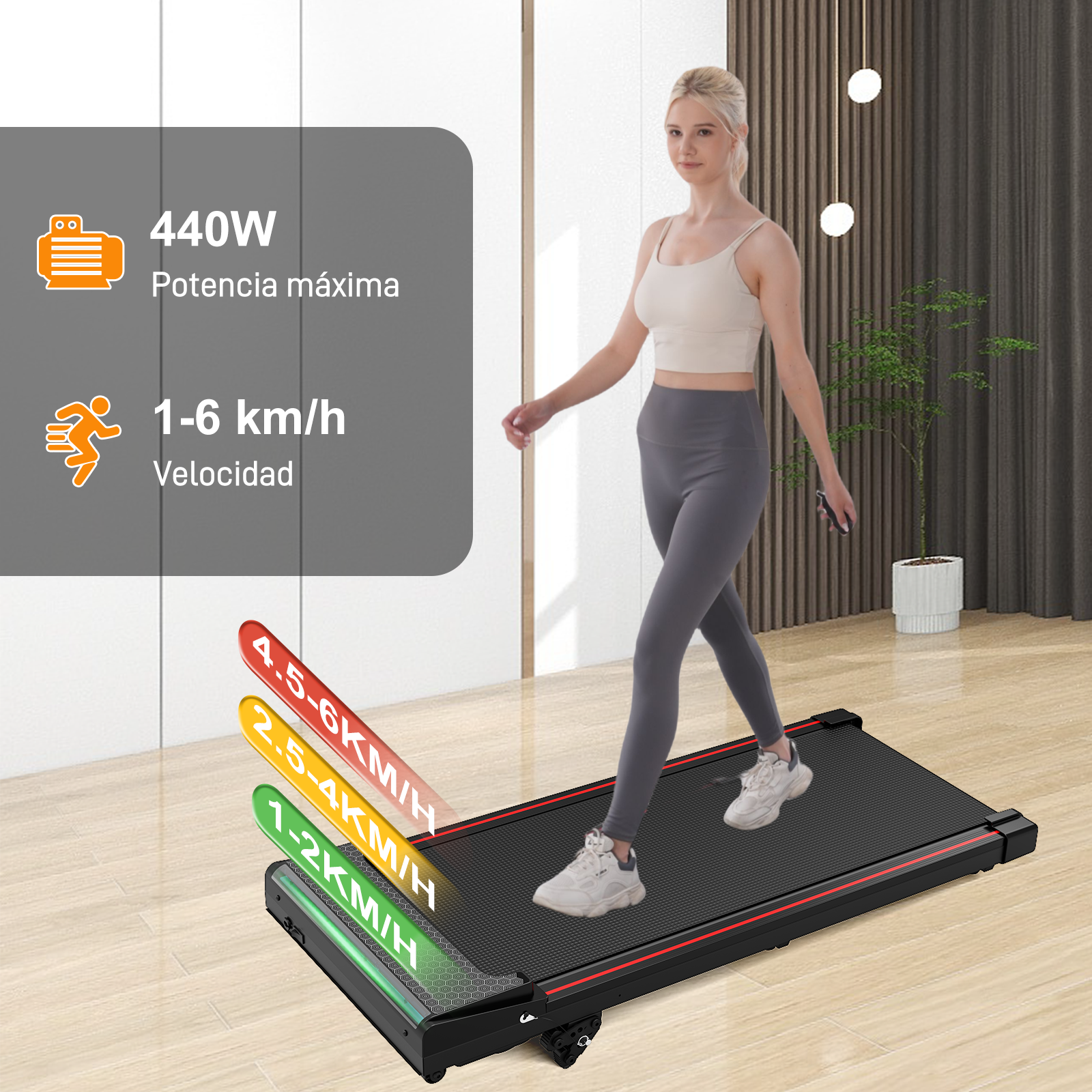 Una mujer camina sobre una cinta de correr. Tiene indicadores de velocidad. El texto muestra 440W de potencia y 1-6 km/h de velocidad.