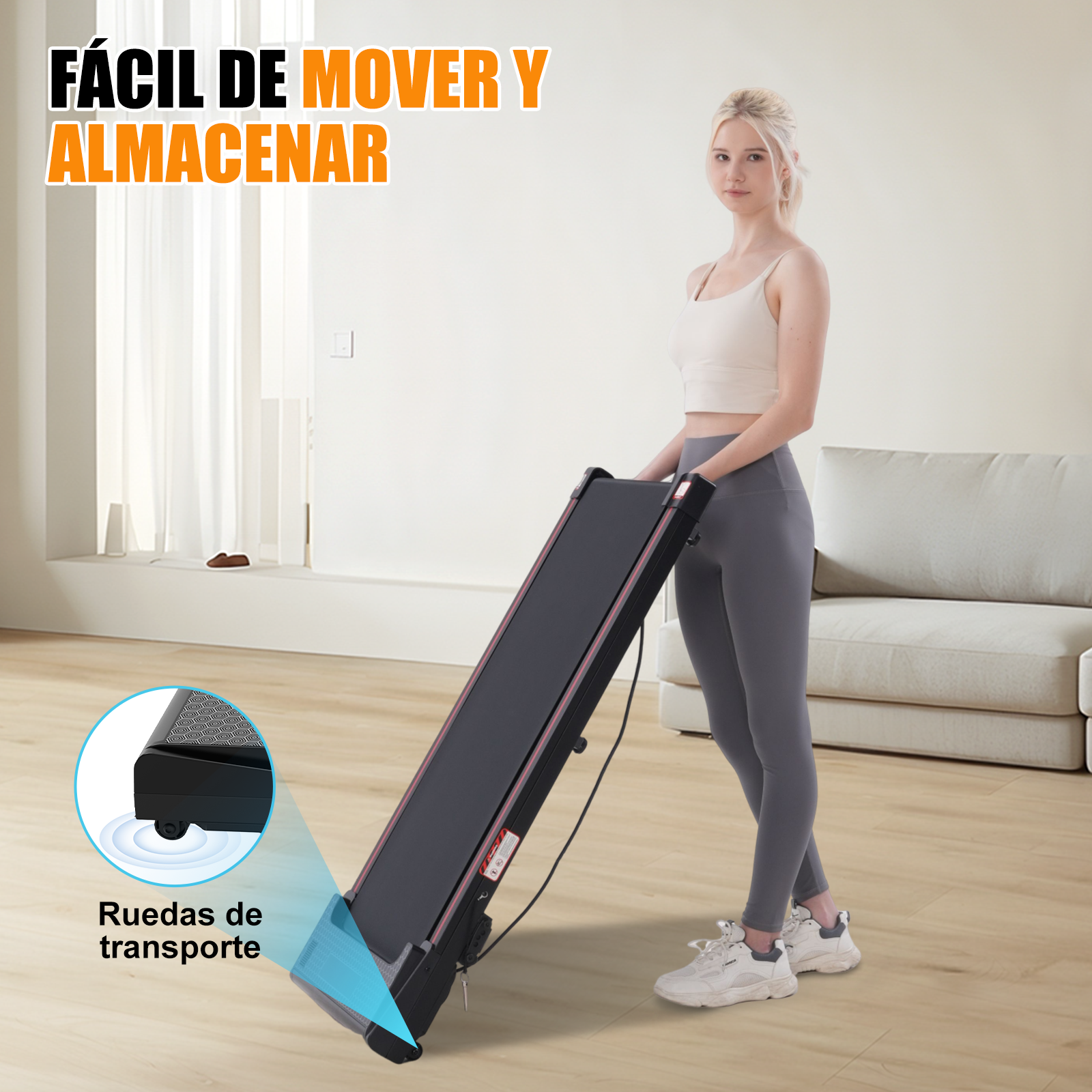 Una mujer sostiene una cinta de correr portátil. La cinta es negra con detalles rojos. Texto dice: 'Fácil de mover y almacenar'.