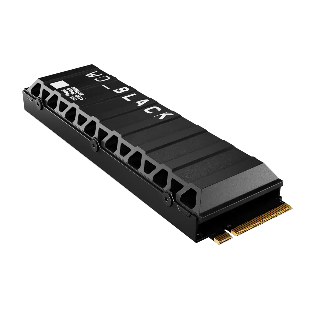 Czarny dysk SSD NVMe WD_BLACK. Ma czarną metalową obudowę z białym tekstem. Koniec złącza ma złote piny.