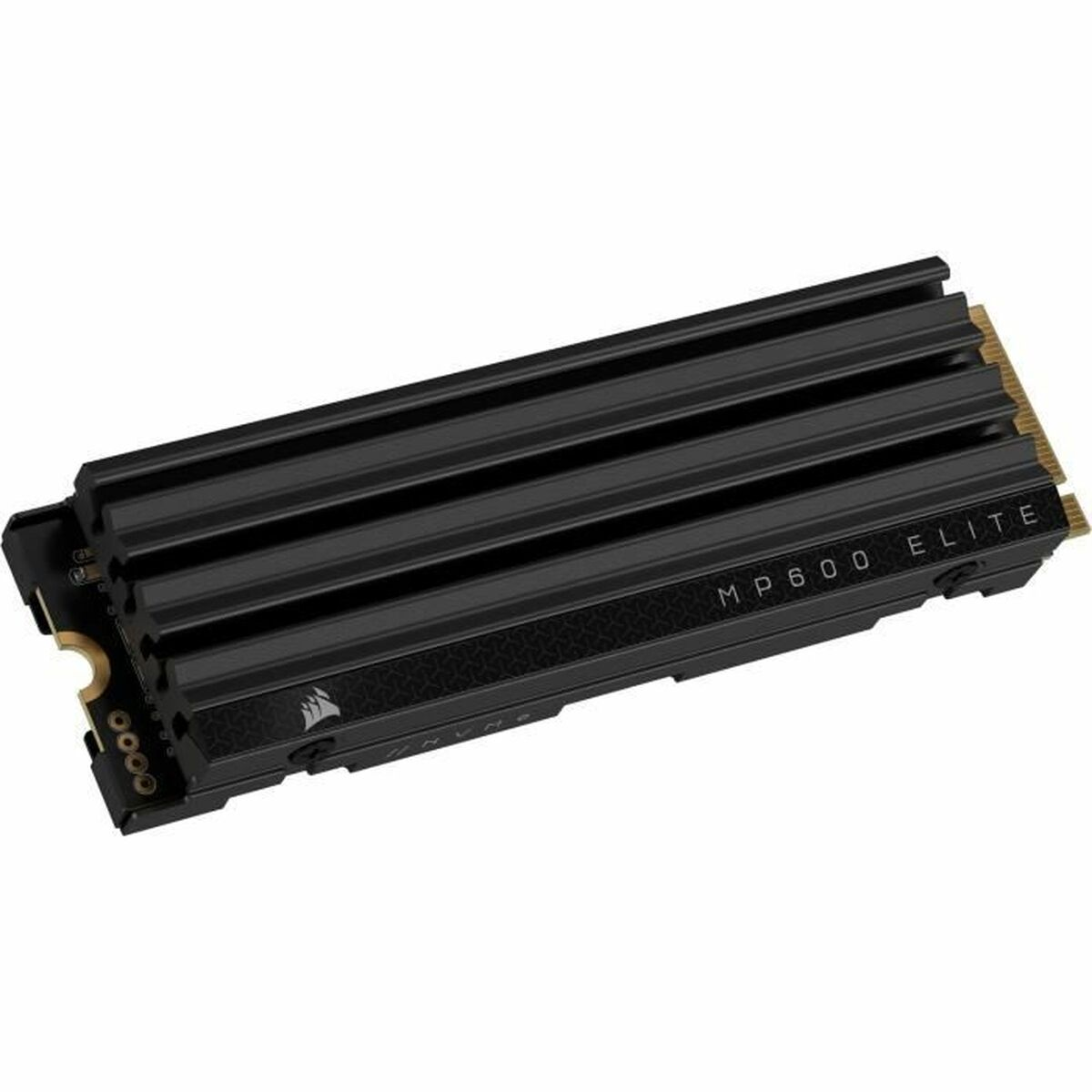 Czarny dysk SSD NVMe Corsair MP600 Elite. Posiada czarny radiator z żebrami i złote złącza. Widoczny jest napis 'MP600 ELITE'.
