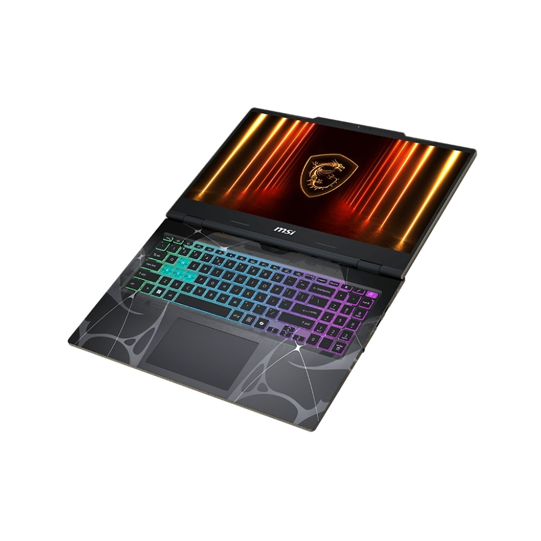 Offener MSI-Laptop, Tastatur mit Regenbogenfarben beleuchtet. Der Bildschirm zeigt ein Drachenlogo mit orangefarbenem Hintergrund.