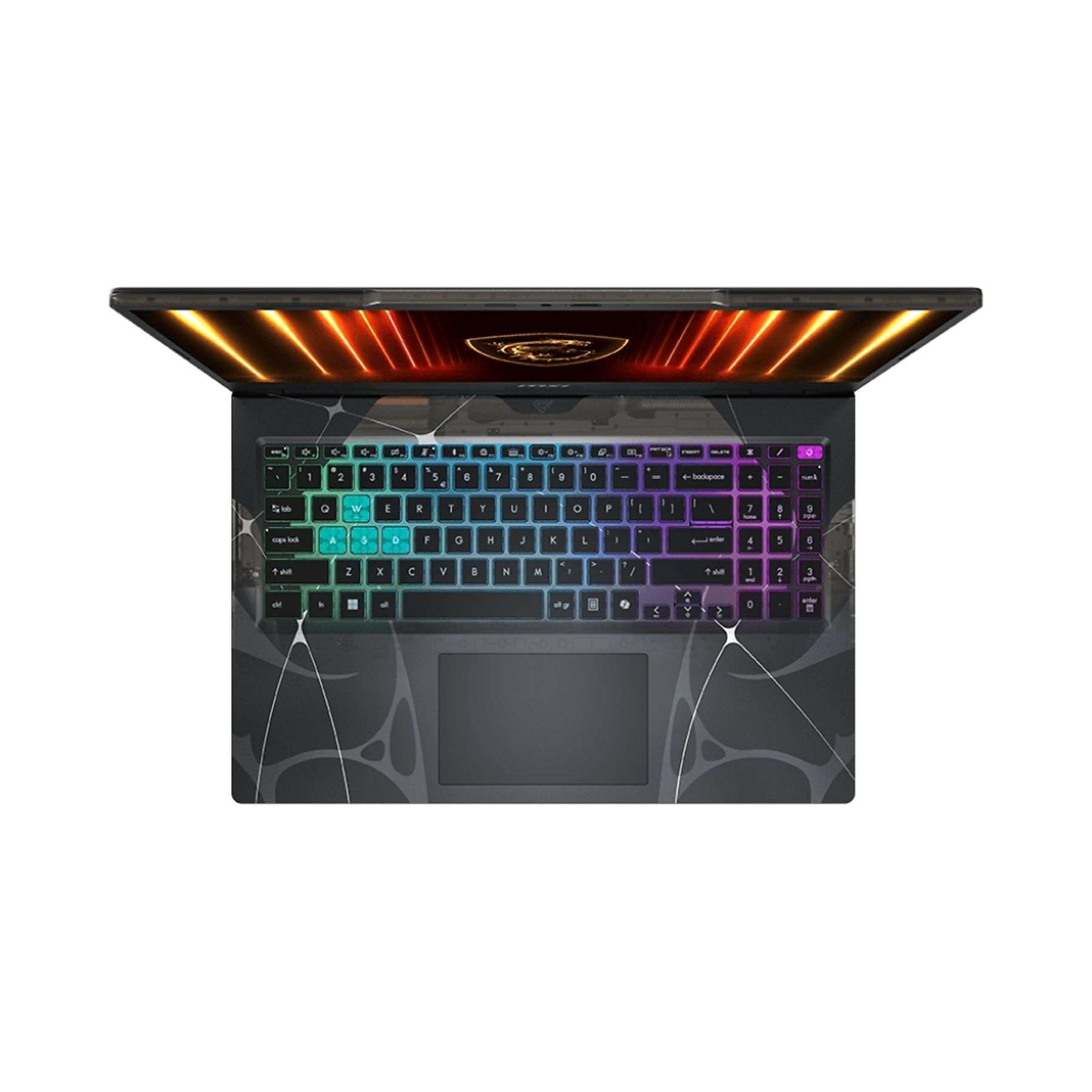 Laptop mit beleuchteter Tastatur. Der Bildschirm zeigt ein beleuchtetes Design. Die Tastatur hat ein farbenfrohes Licht.
