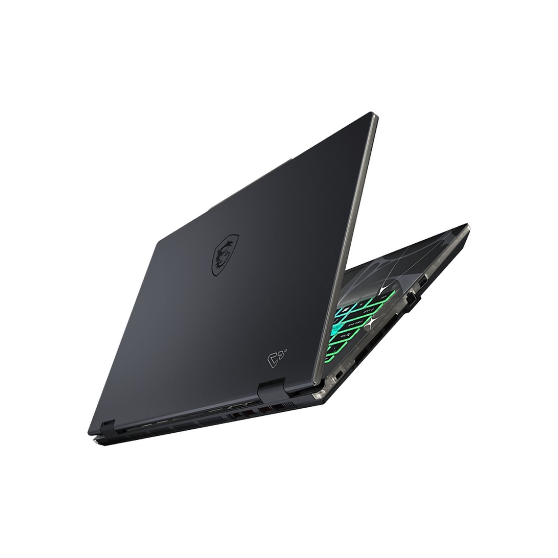Ein dunkler Laptop ist geöffnet und zeigt die Tastatur mit grünen und blauen Lichtern. Das MSI-Logo ist auf dem Deckel sichtbar.