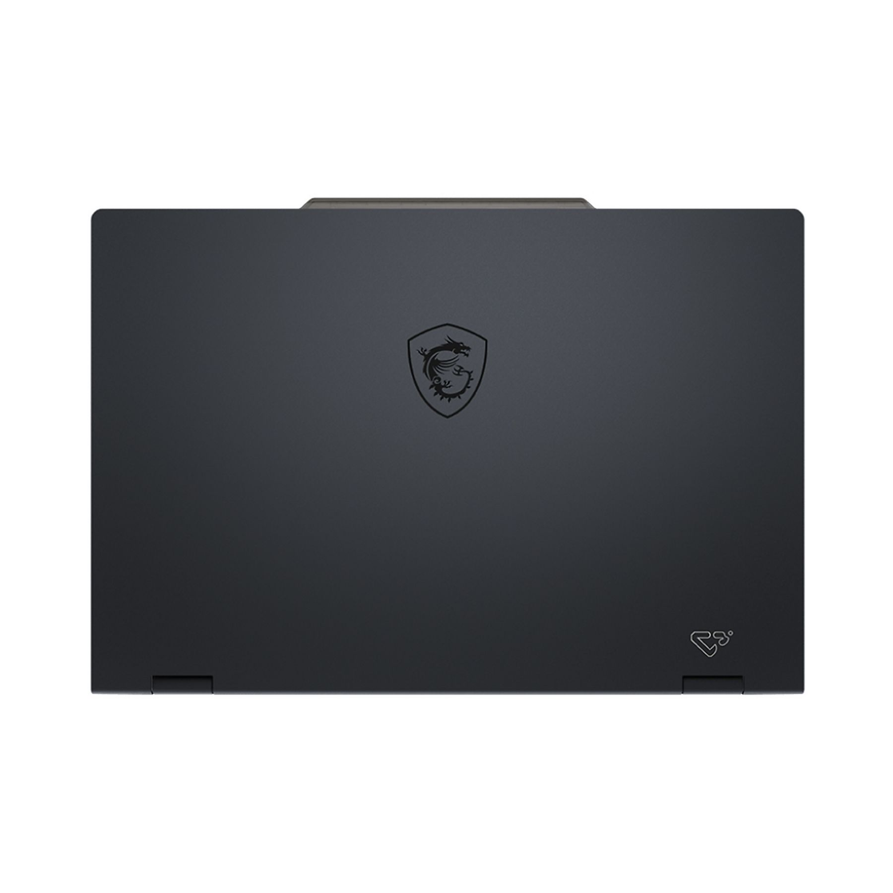 Ein dunkelgrauer Laptop auf weißem Hintergrund. Der Laptop hat ein Drachenlogo und ein Logo unten rechts.