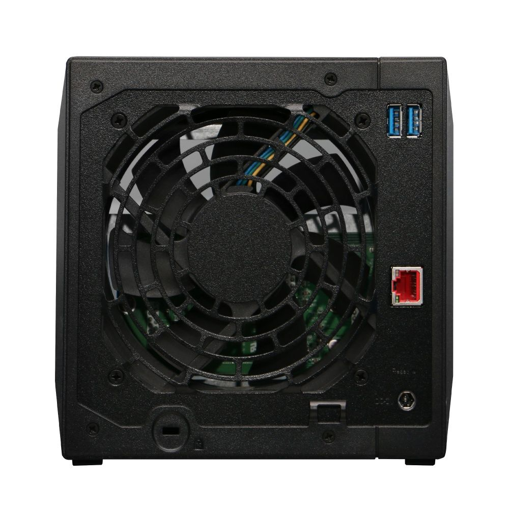 Componente de computadora negra con ventilador, puertos USB y puerto de red. Cableado interno visible a través de la rejilla del ventilador.