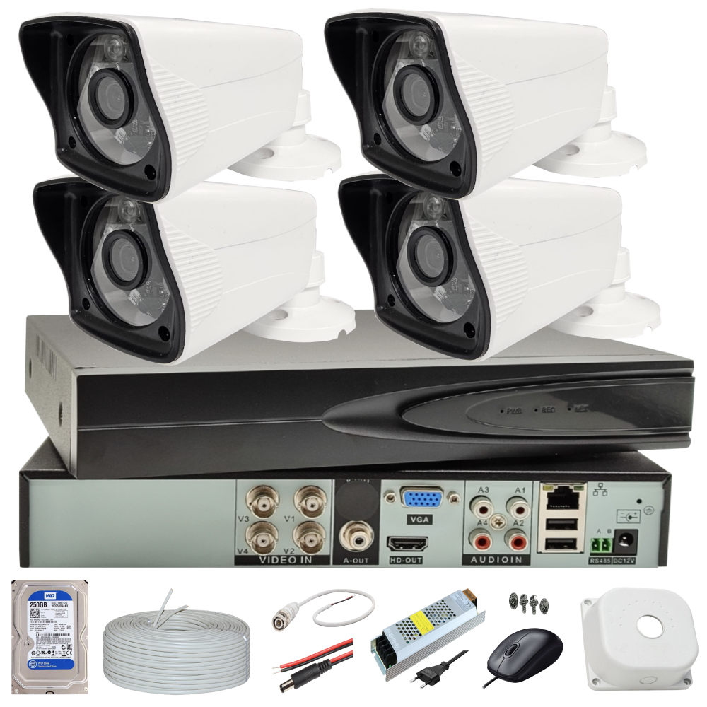 Güvenlik kamerası sistemi: dört beyaz kamera, DVR, HDD, kablolar, güç kaynağı, fare ve montaj donanımı.