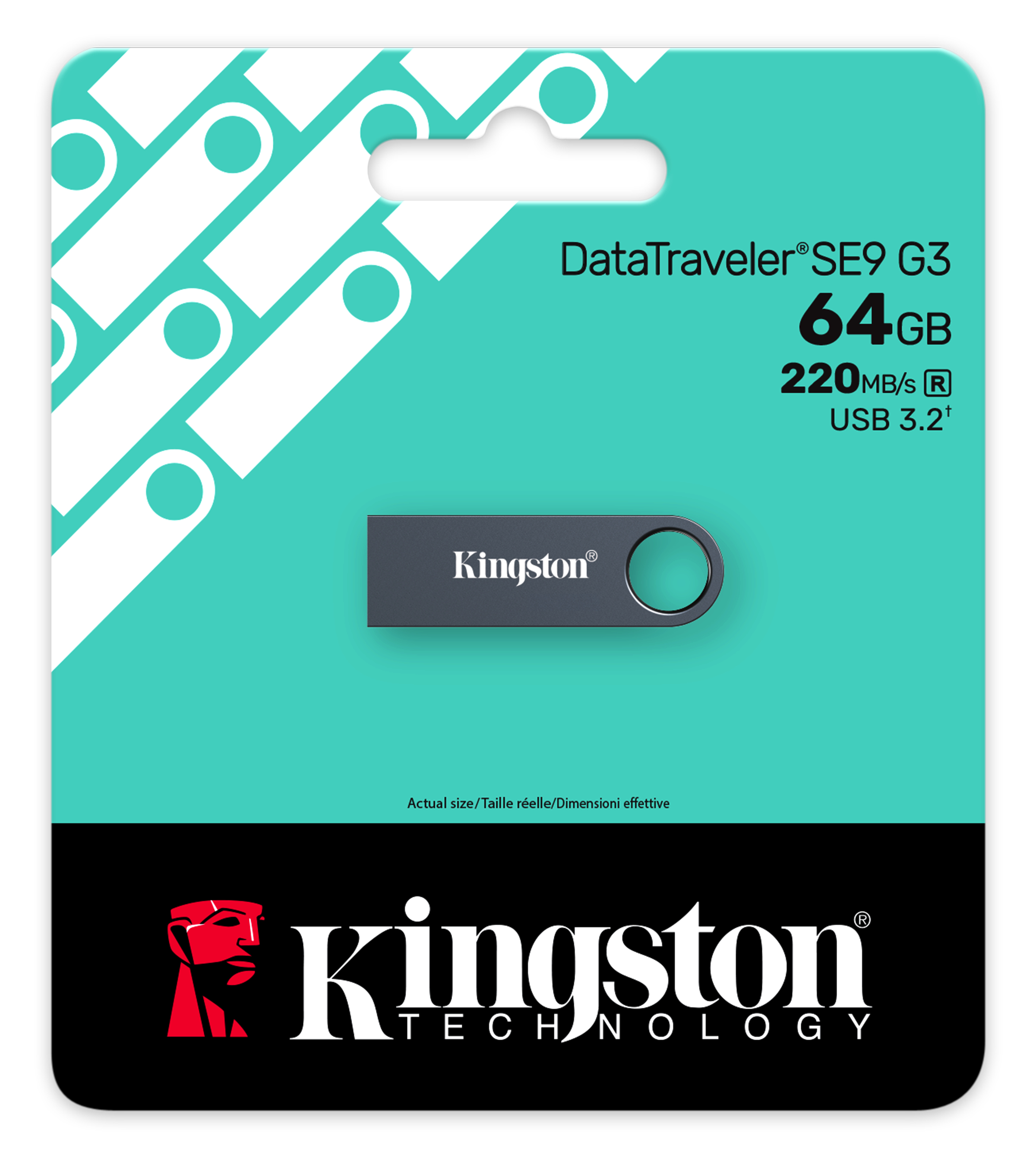 Dysk USB Kingston DataTraveler na opakowaniu. Opakowanie jest turkusowe i białe. Dysk jest szary z logo Kingston.