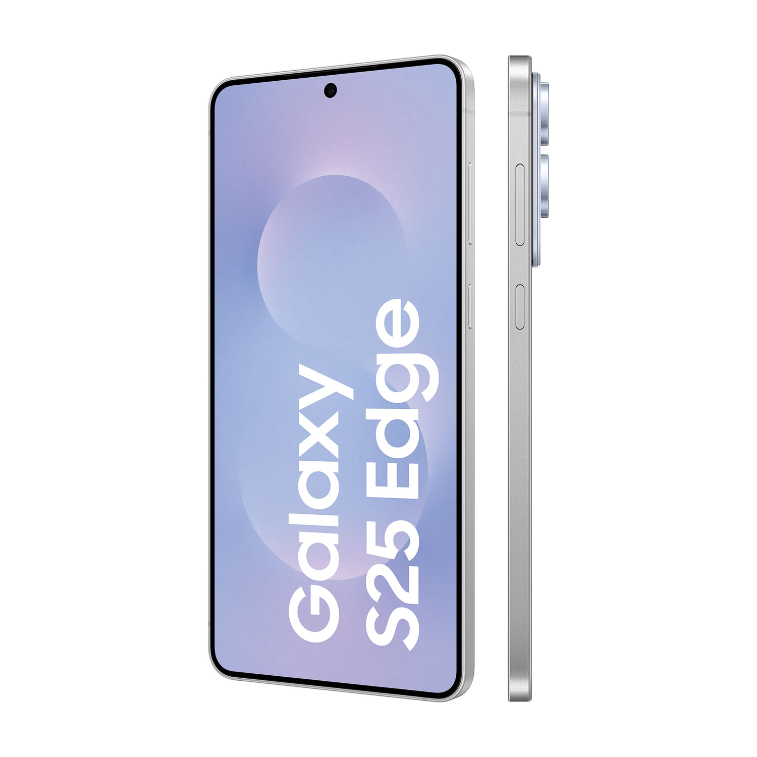 Wyświetlany jest srebrny smartfon, Galaxy S25 Edge. Ekran pokazuje jasnofioletowy gradient. Z boku widać przyciski i aparat.