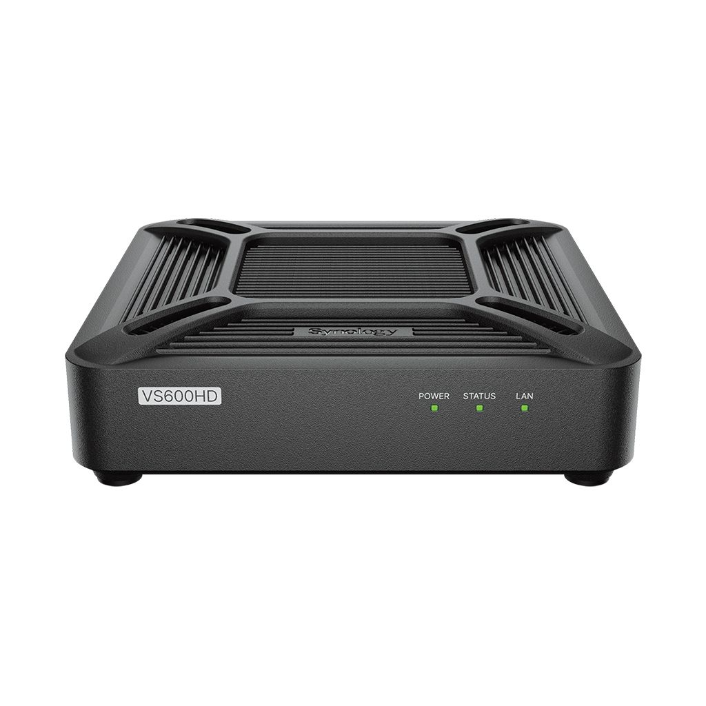 Un dispositivo Synology VS600HD negro con luces 'Power', 'Status' y 'LAN'. La parte superior tiene un diseño similar a una ventilación.