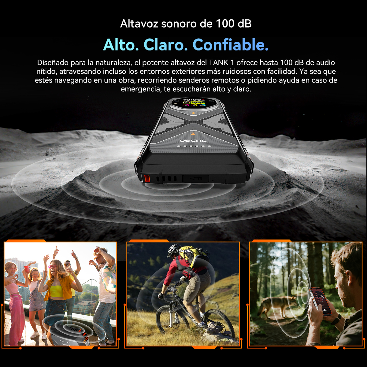 Altavoz negro emitiendo ondas de sonido. Debajo, tres escenas: gente de fiesta, un ciclista y un hombre con un teléfono en un bosque.