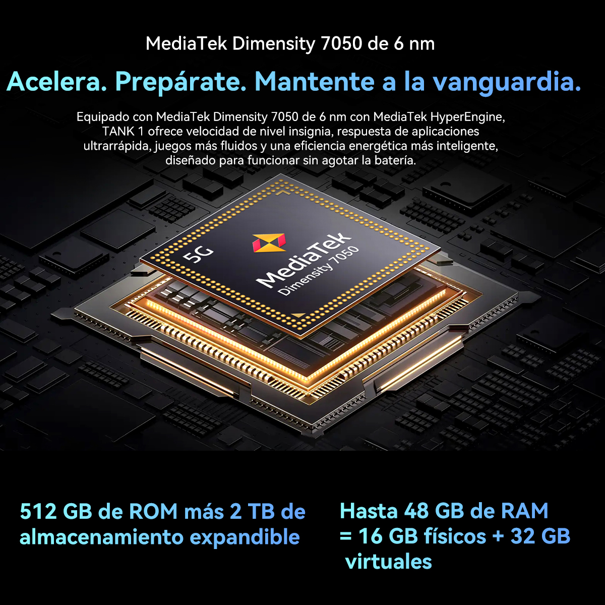 Imagen muestra chip MediaTek Dimensity 7050, texto sobre velocidad y eficiencia. Especificaciones RAM y almacenamiento.