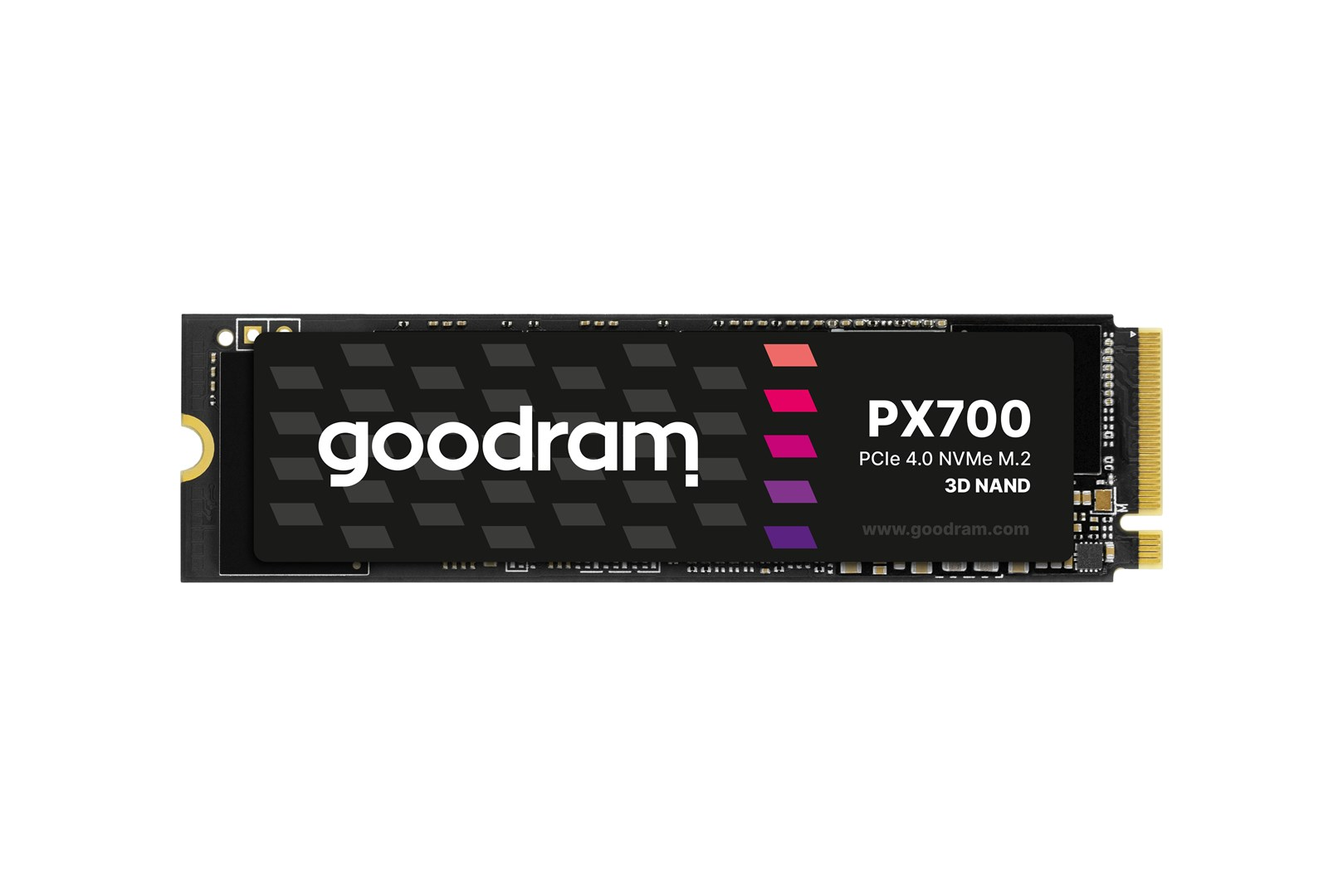 SSD Goodram PX700. Black, rectangular, with the brand name. Has colorful stripes and text indicating PCIe 4.0 NVMe M.2 3D NAND.
