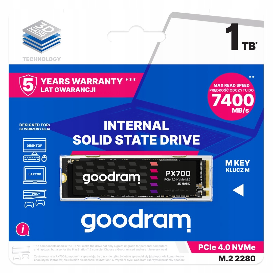 A Goodram PX700 SSD package. It has a 5-year warranty, supports PCIe 4.0 NVMe, and reads at 7400 MB/s. Designed for desktop, laptop, and PS5.