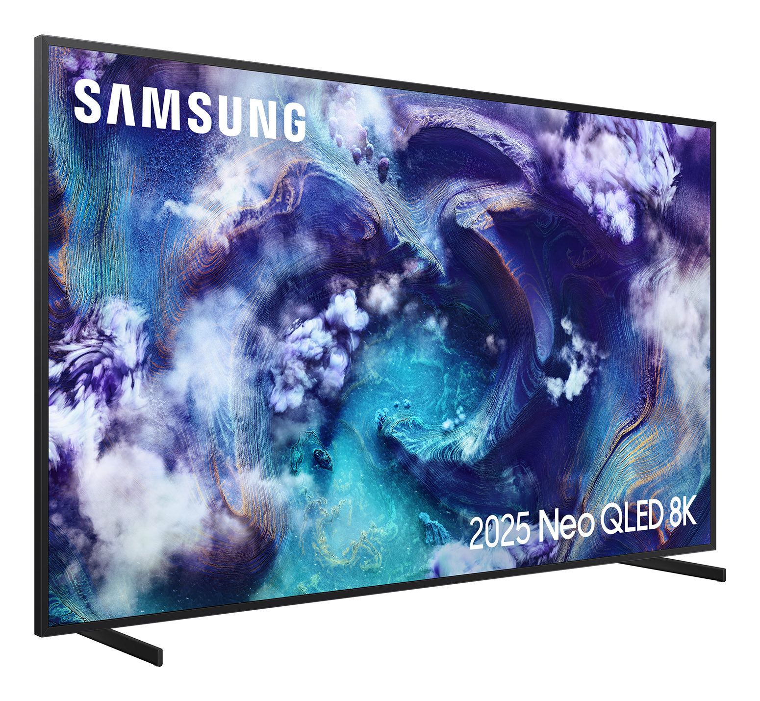 Een Samsung 8K tv met een wervelende abstracte weergave van blauw, paars en goud. De tv is zwart.