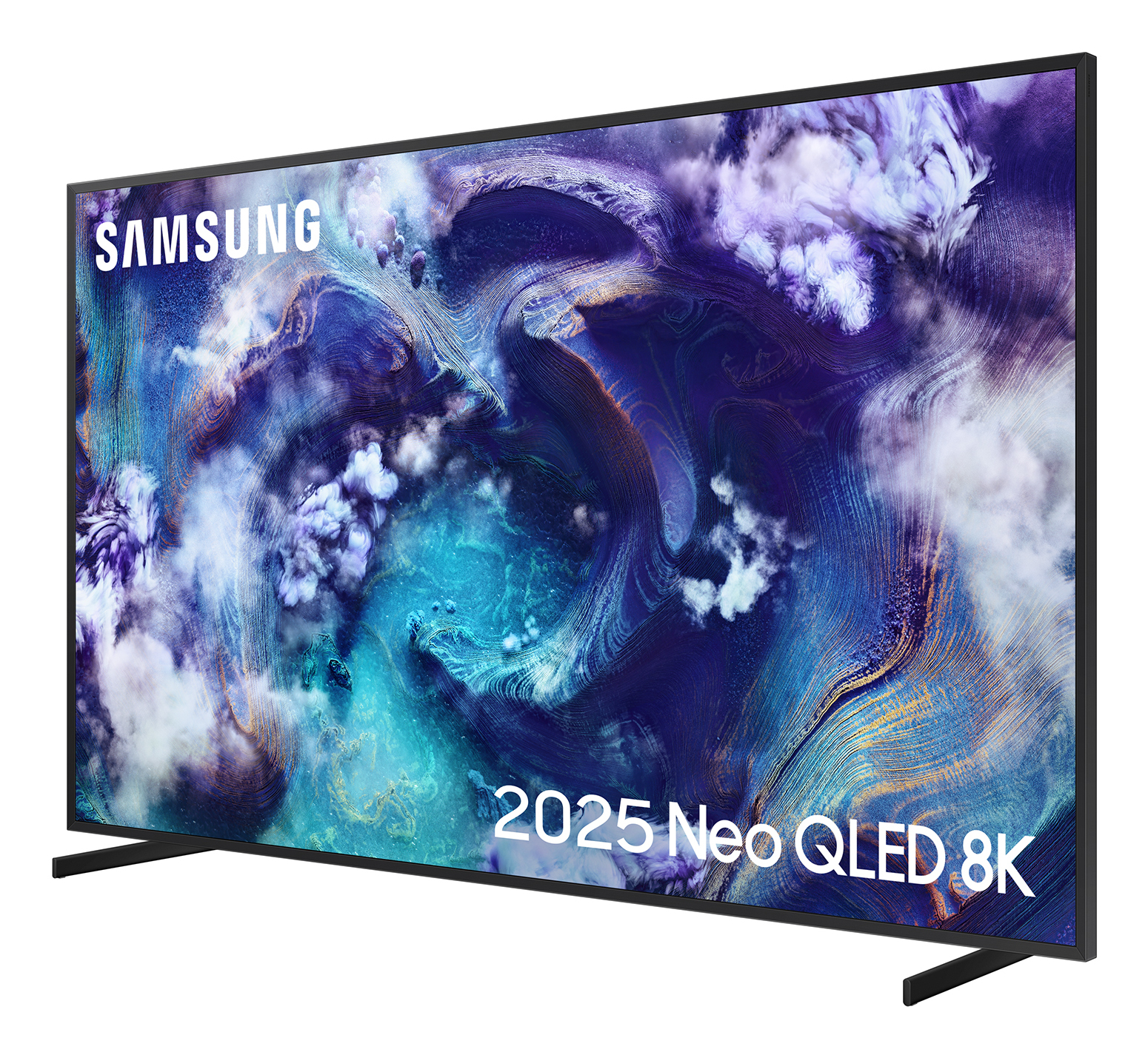 Een Samsung Neo QLED 8K tv. Het scherm toont een wervelend blauw en wit patroon. De tv heeft een zwart frame en voet.