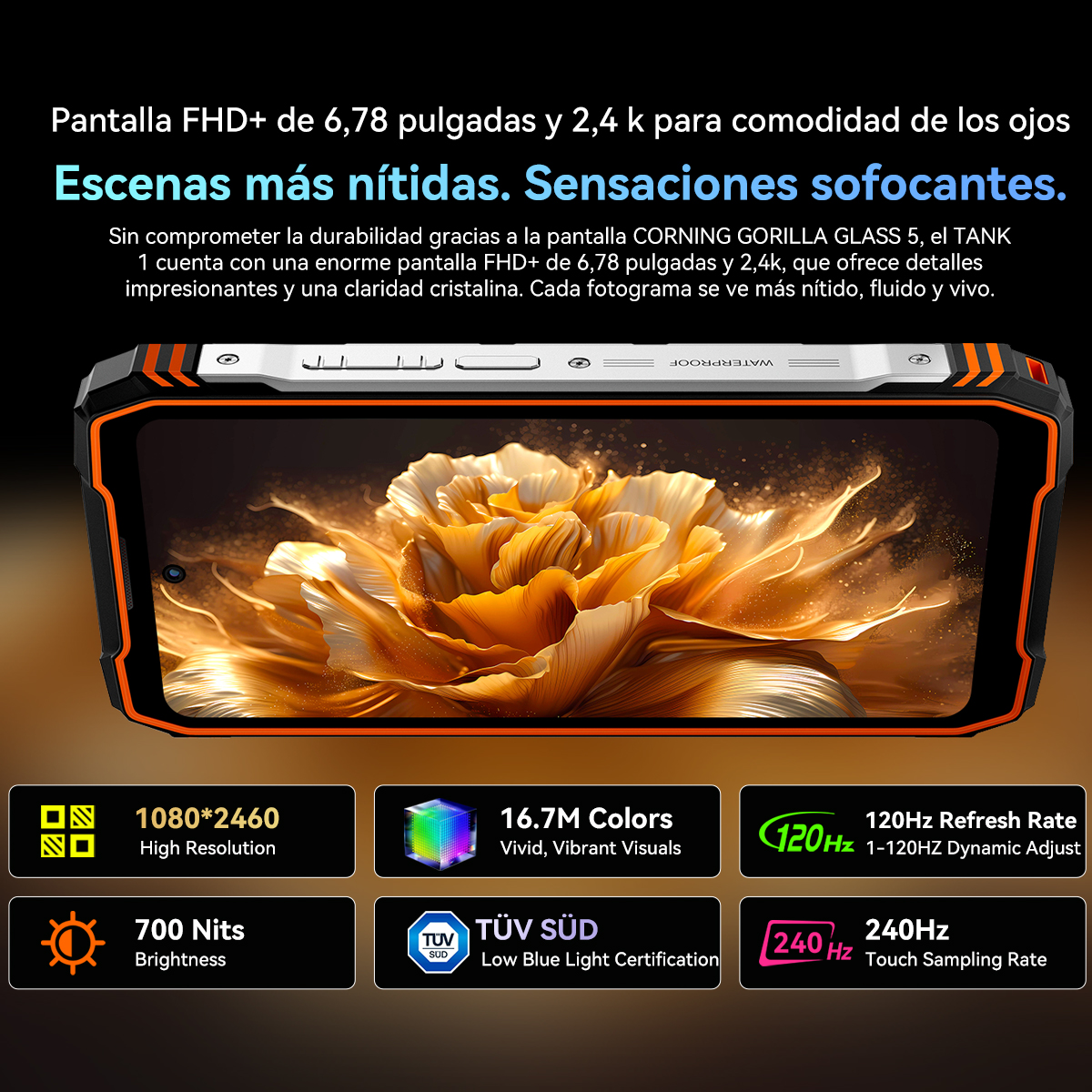 Una pantalla de teléfono muestra una imagen floral naranja. El texto describe las características de la pantalla: alta resolución, colores, frecuencia.