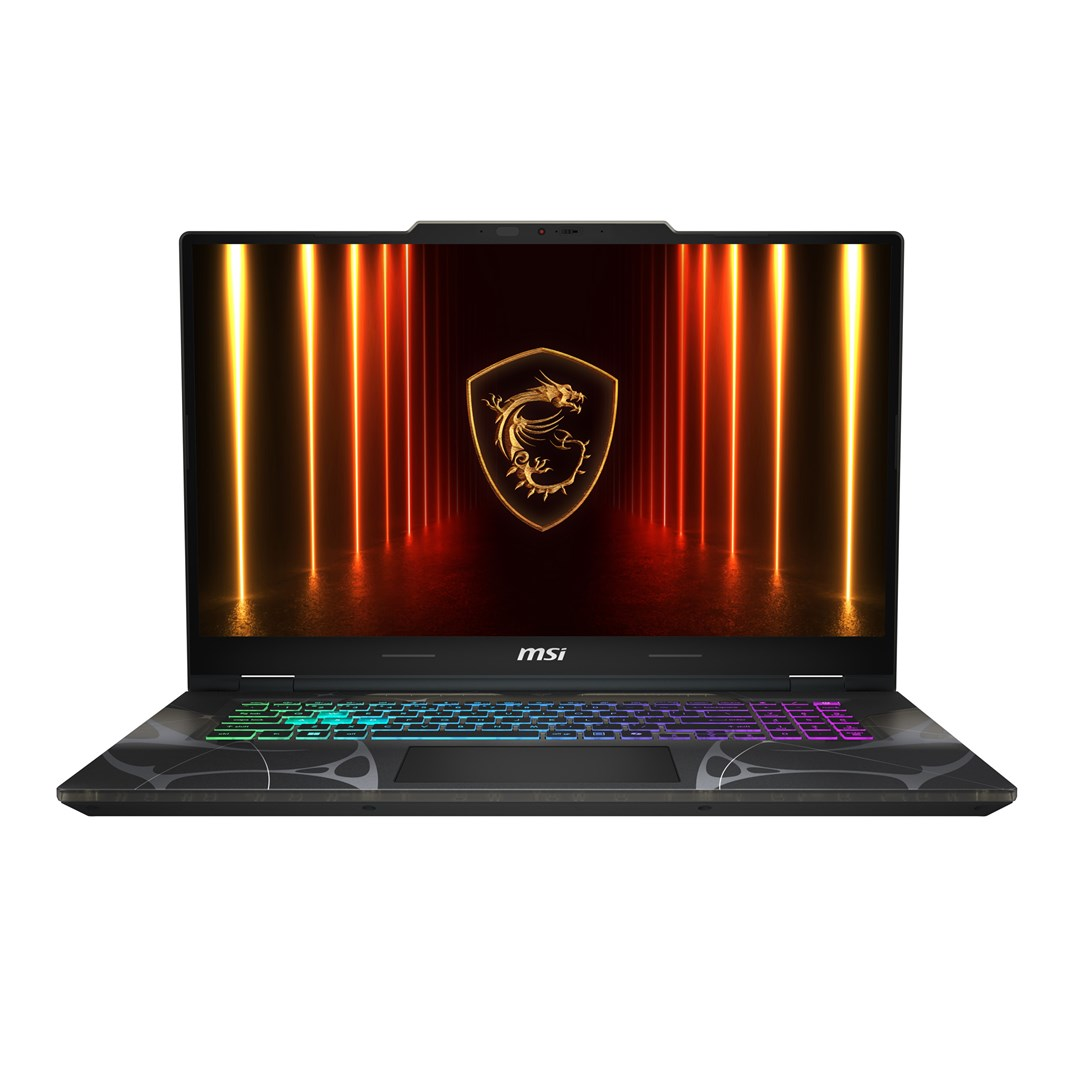 MSI gaming laptop. Screen shows a gold dragon logo on a shield. Keyboard has colored lights. The background has orange lights.