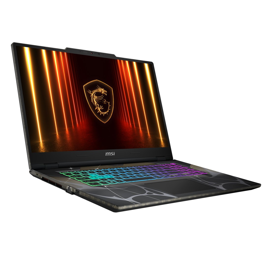 MSI laptop, open, displaying a dragon logo on screen. The keyboard is lit with multiple colors. The background is white.