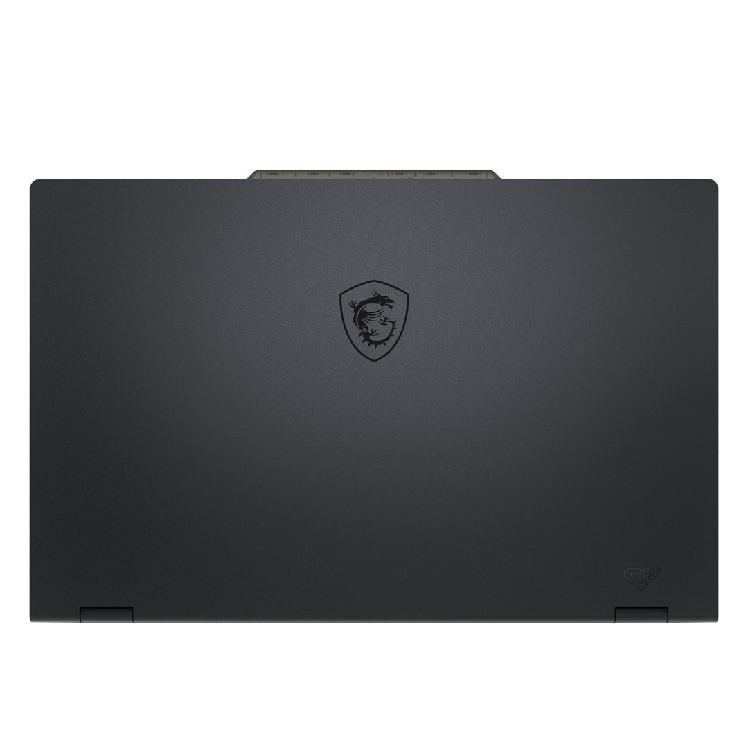 A dark gray laptop's back is shown. It has a dragon logo in the center and a small logo on the bottom right corner.