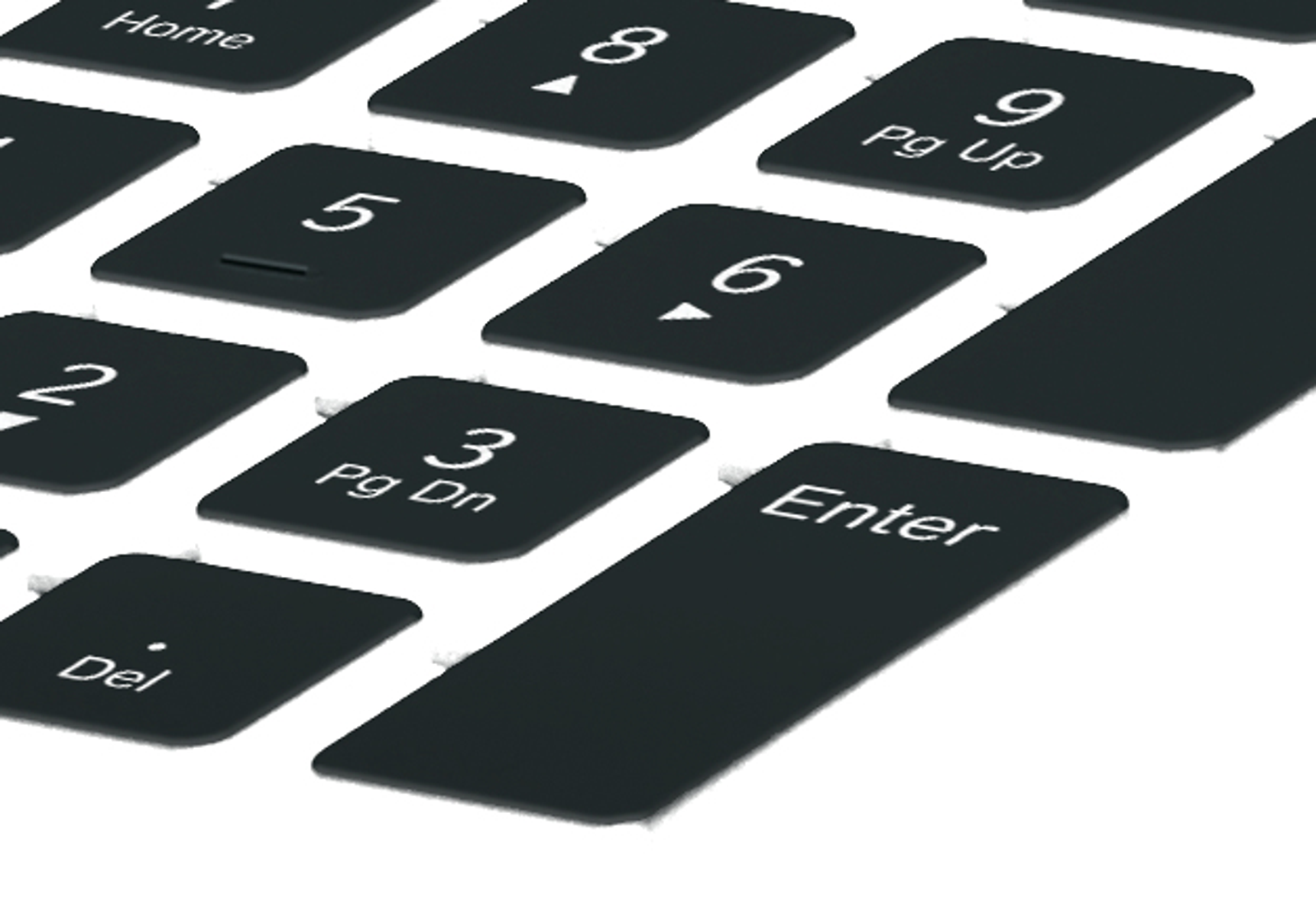 Zbliżenie czarnej klawiatury z białym tekstem. Pokazuje klawisze numeryczne, strzałki i klawisz 'Enter'. Tło jest białe.