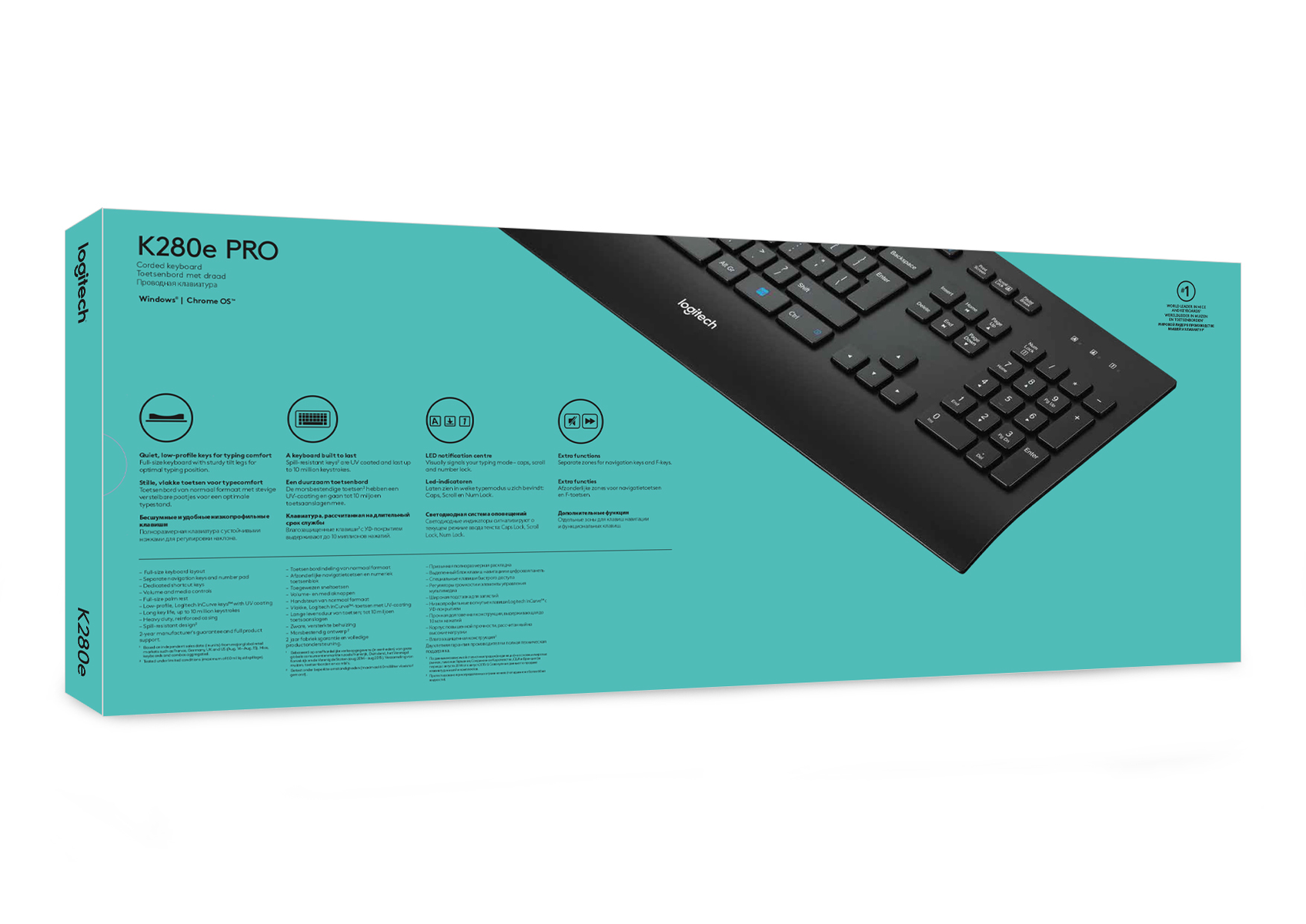 Czarna klawiatura Logitech K280e Pro. Posiada klawisze, klawiaturę numeryczną i klawisze funkcyjne.