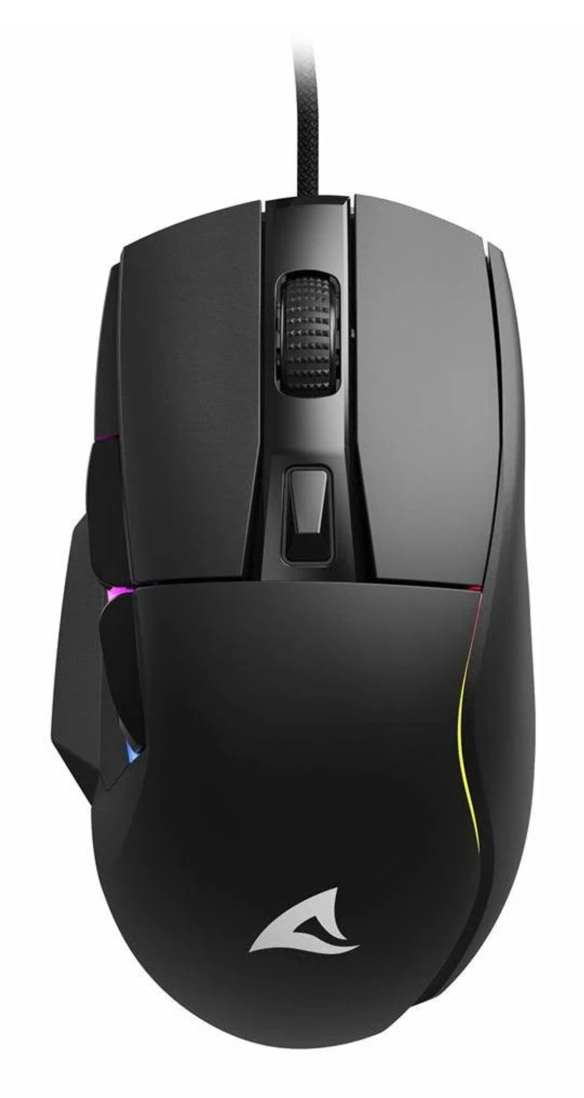 Eine schwarze Gaming-Maus mit strukturiertem Scrollrad und Logo. Sie hat LED-Leuchten an der Seite und ein geflochtenes Kabel.
