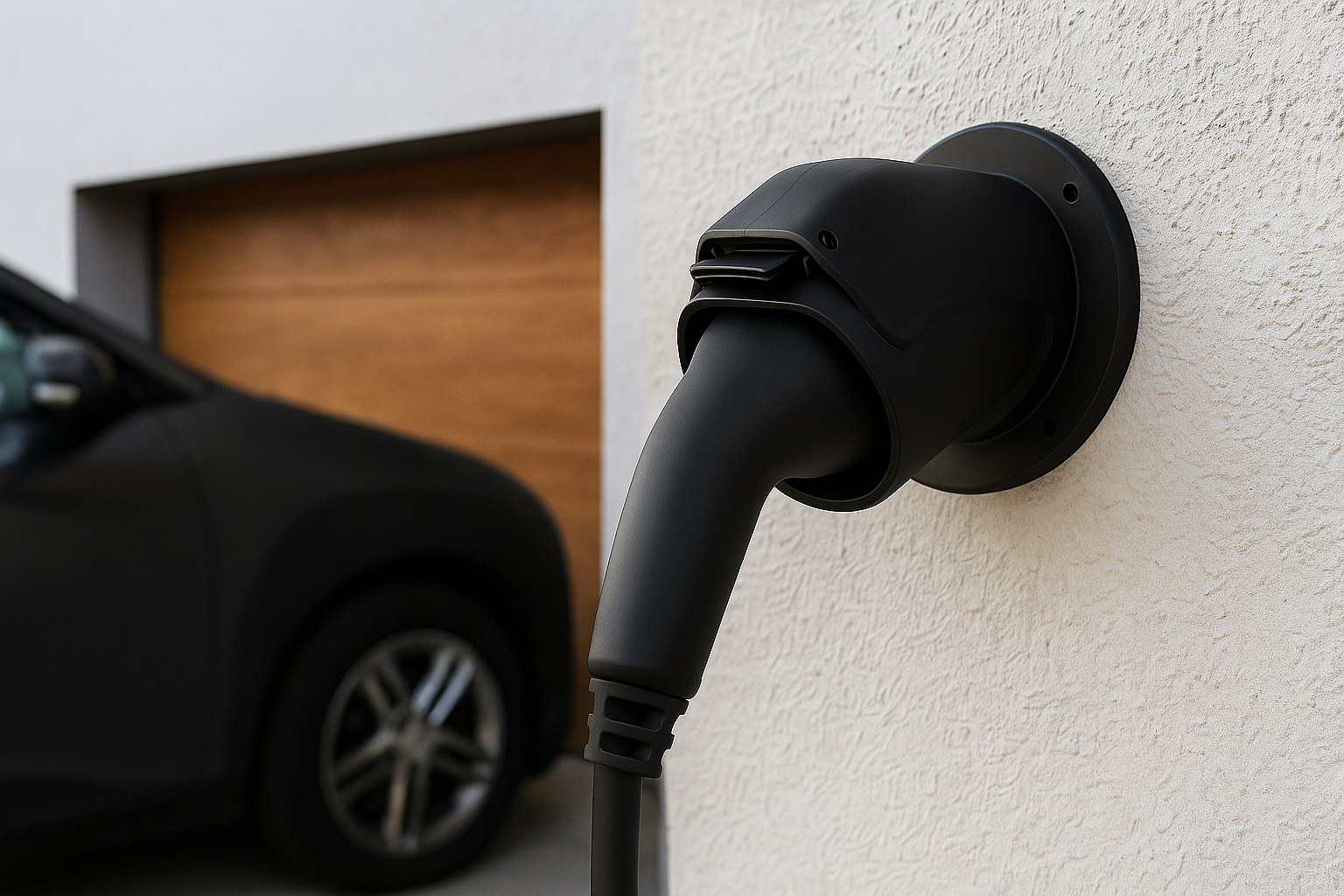 Schwarzes Elektroauto-Ladegerät an einer strukturierten Wand. Auf der linken Seite ist ein schwarzes Auto zu sehen.
