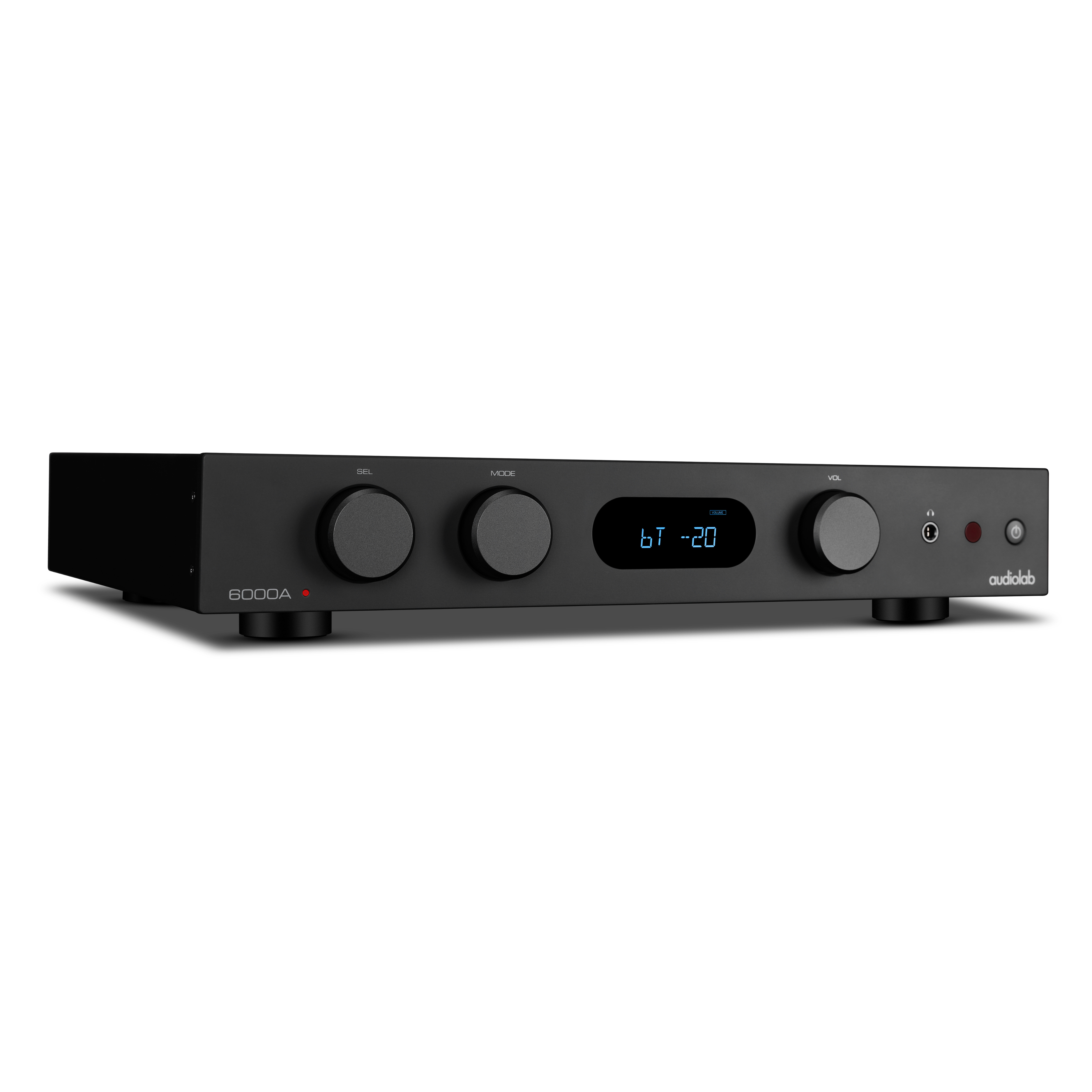 Zwarte audioversterker met knoppen en display 'bt -20'.