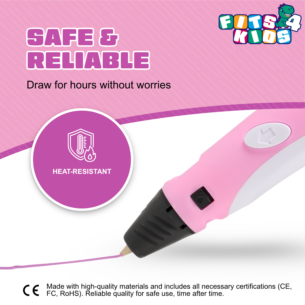 Pinker 3D-Stift, hitzebeständig, zeichnet eine Linie. Text: sicher & zuverlässig, stundenlang zeichnen. Fits 4 Kids Logo.