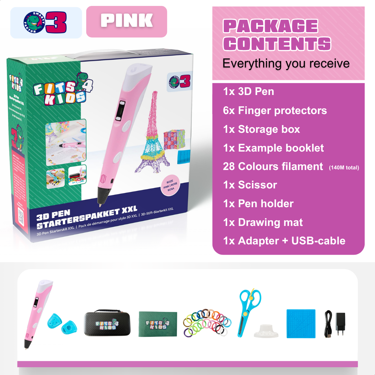 Rosa 3D-Stift-Starter-Kit mit Eiffelturm-Modell und Inhaltsangabe.