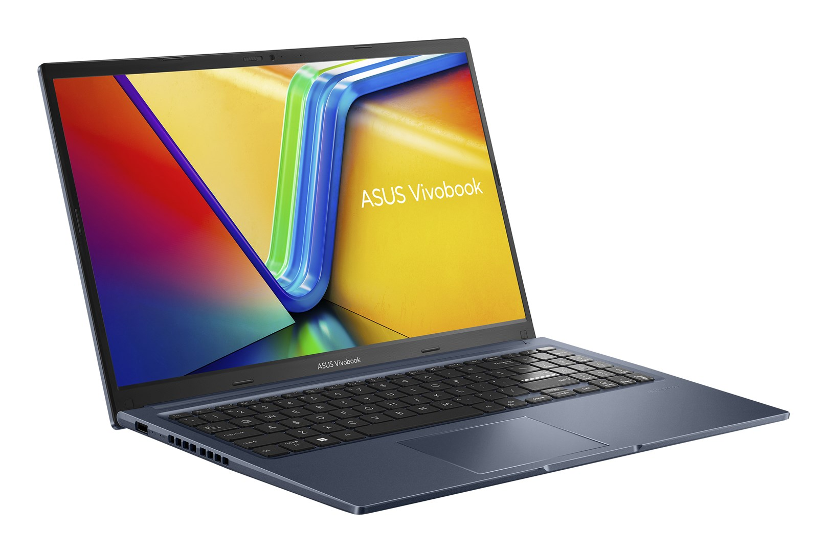 Niebieski laptop ASUS Vivobook jest otwarty. Ekran wyświetla kolorowy design. Widoczna jest klawiatura i touchpad.