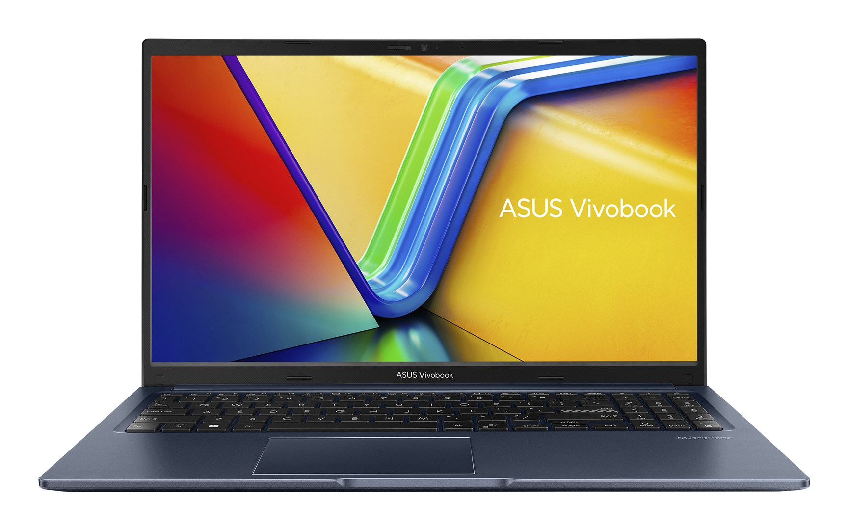 Niebieski laptop ASUS Vivobook jest otwarty. Ekran wyświetla kolorowe abstrakcyjne kształty. Klawiatura jest czarna.