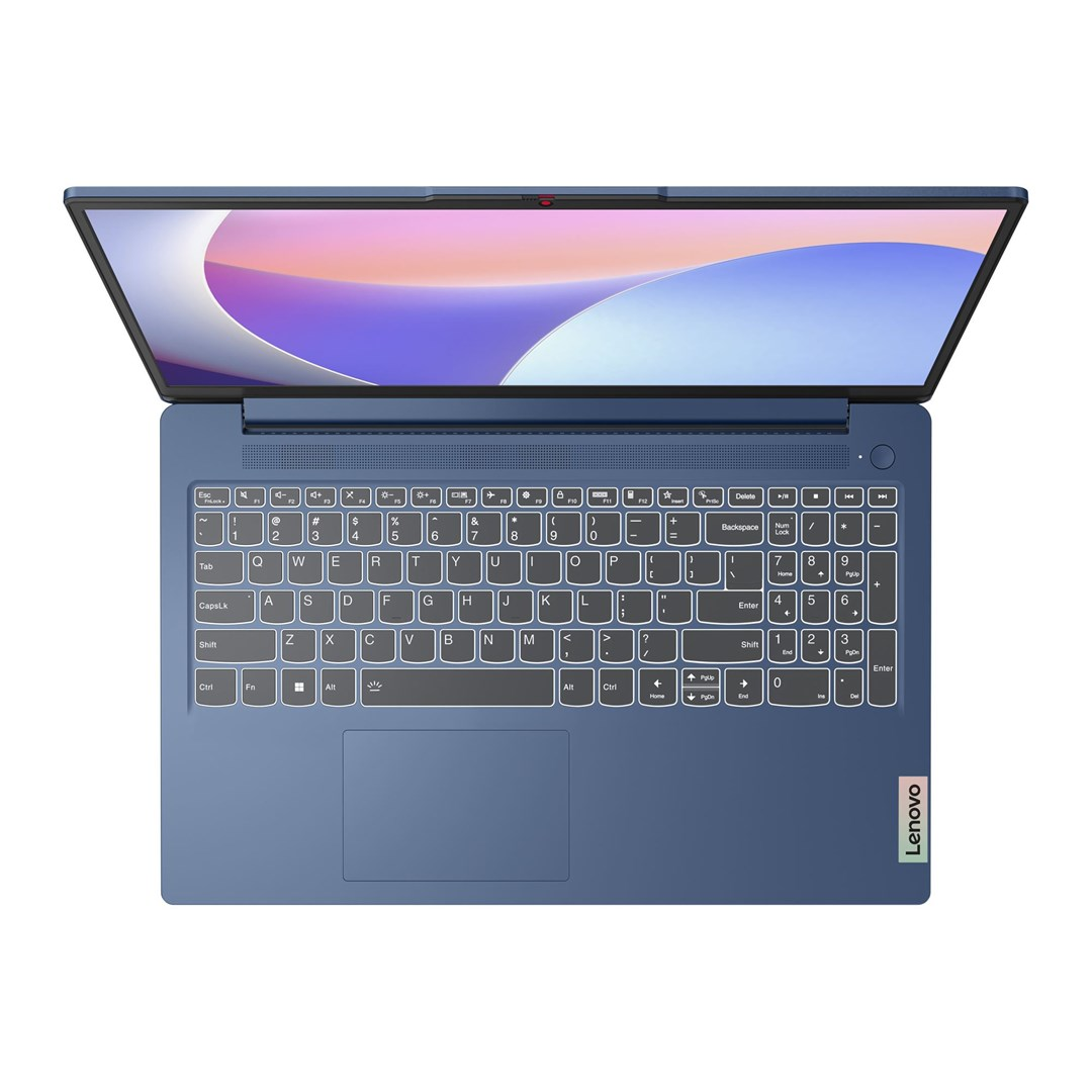 Niebieski laptop Lenovo, otwarty. Widoczna klawiatura, z białymi klawiszami. Ekran wyświetla fioletowo-biały obraz. Logo Lenovo z boku.