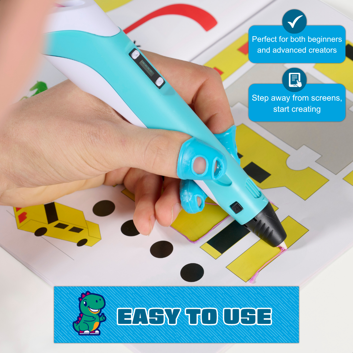 Eine Hand, die einen blauen 3D-Stift zum Zeichnen auf Papier verwendet. Die Szene umfasst Textfelder mit Text und eine Dinosauriergrafik.