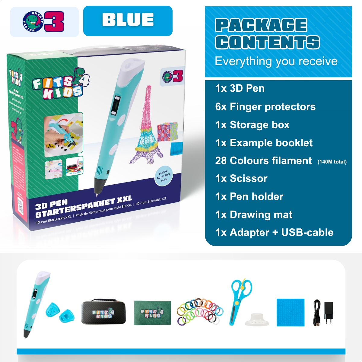 Eine blaue 3D-Stift-Starter-Kit-Box mit Inhalt, einschließlich Stift, Filament und Zubehör.