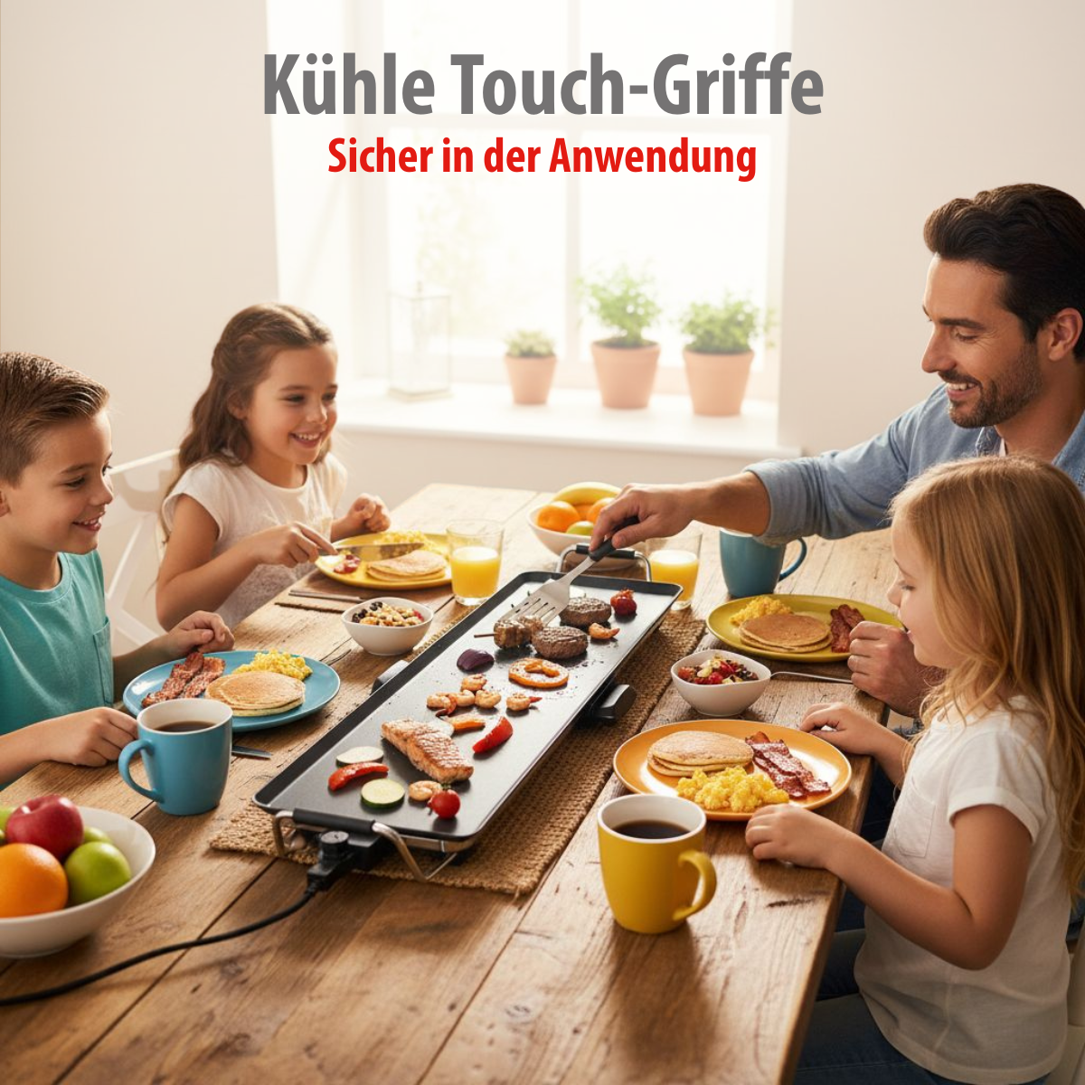 Familie beim Frühstück. Ein Mann kocht Essen auf einer Grillplatte. Kinder essen Pfannkuchen, Speck und Obst. Der Tisch ist voll mit Essen.