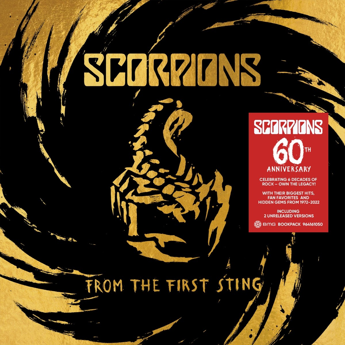 Copertina dell'album degli Scorpions. Scorpione dorato e testo su sfondo nero. Riquadro rosso con testo: 60° anniversario.