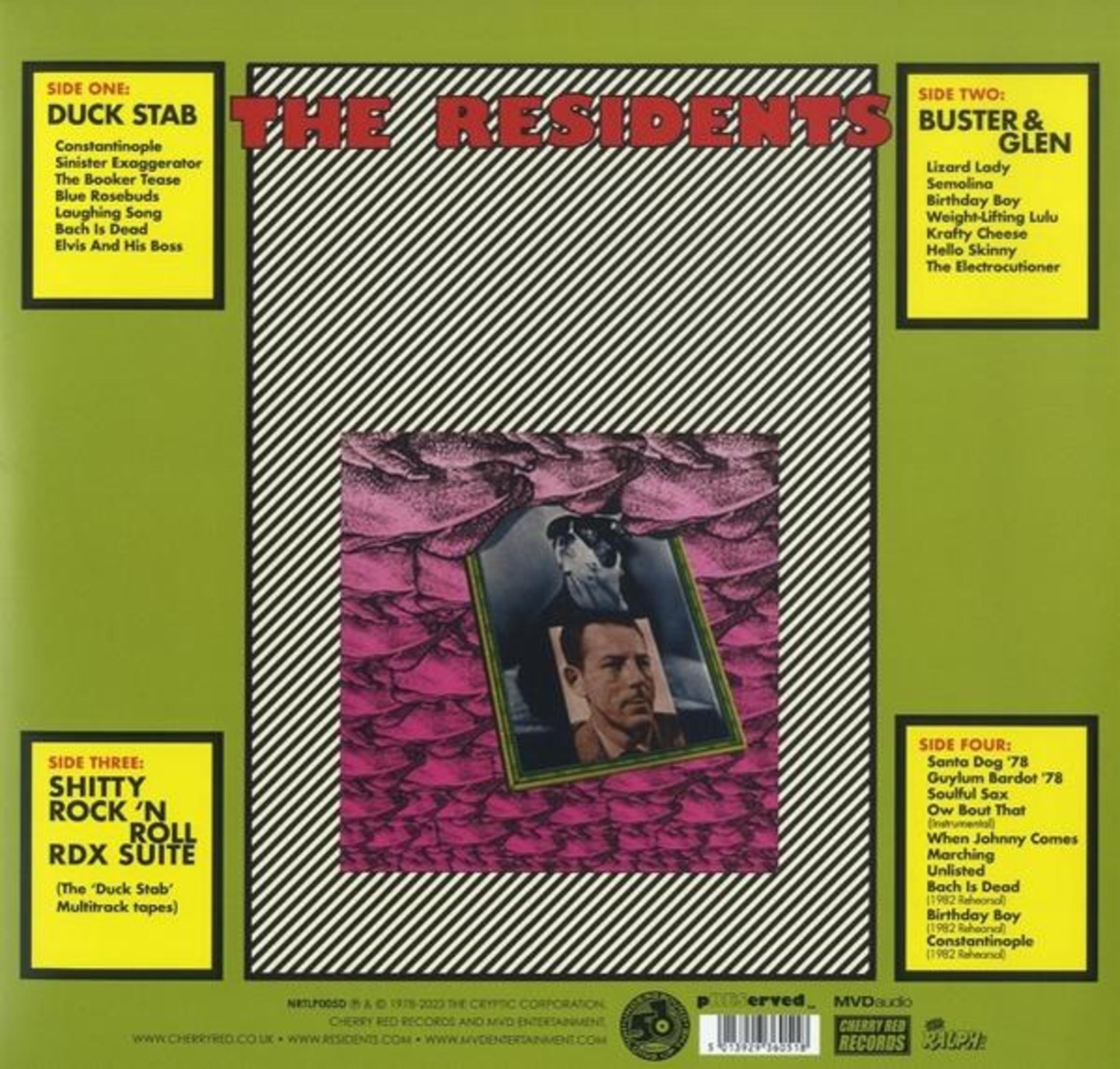 Albumcover mit Bandnamen, Titellisten und einem Bild von Männern in einem rosa-grünen Design.