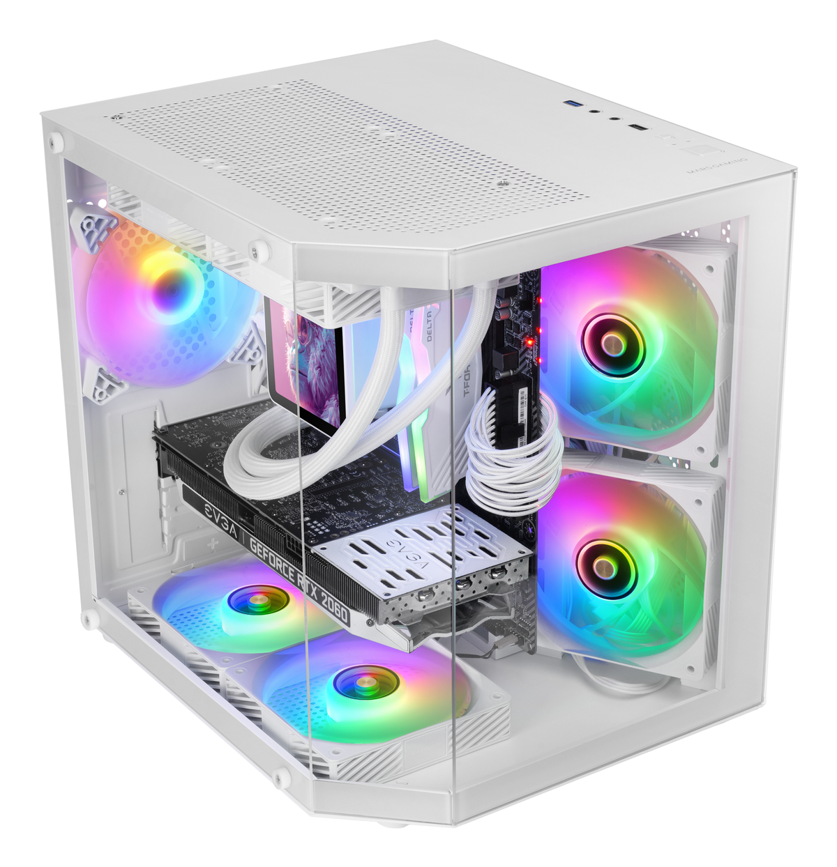 Un case per PC bianco con pannelli in vetro mostra ventole colorate e componenti interni come una scheda grafica e un sistema di raffreddamento a liquido.