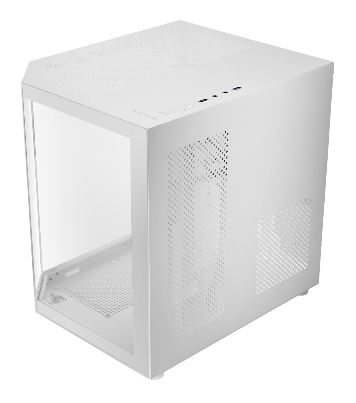 Un case per computer bianco con pannello laterale in vetro. Ha una parte anteriore e superiore perforata per la ventilazione. Il marchio "MARS GAMING" è visibile.